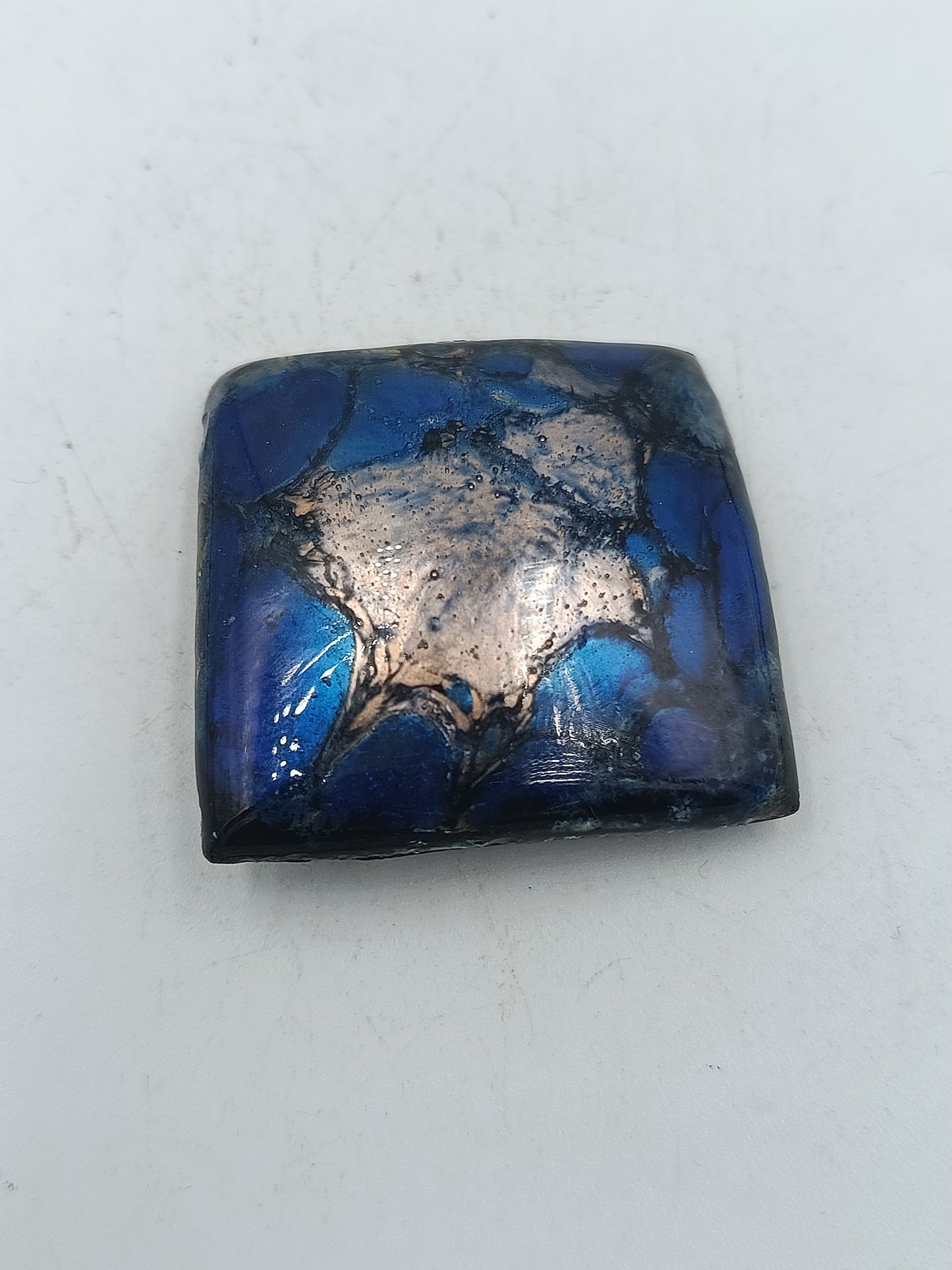 Quadratische Vintage Brosche blau kupferfarben Emaille Raku Stil