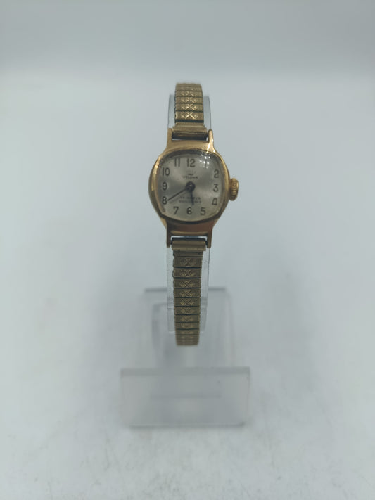 Goldfarbene Armbanduhr mit feinem elastischem Band und klassischem Vintage Stil