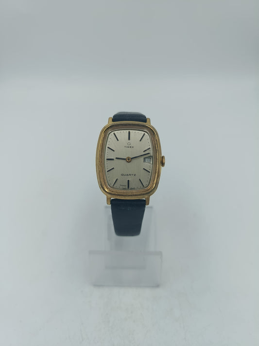 Rechteckige Armbanduhr Timex Quartz in Gold mit Lederarmband