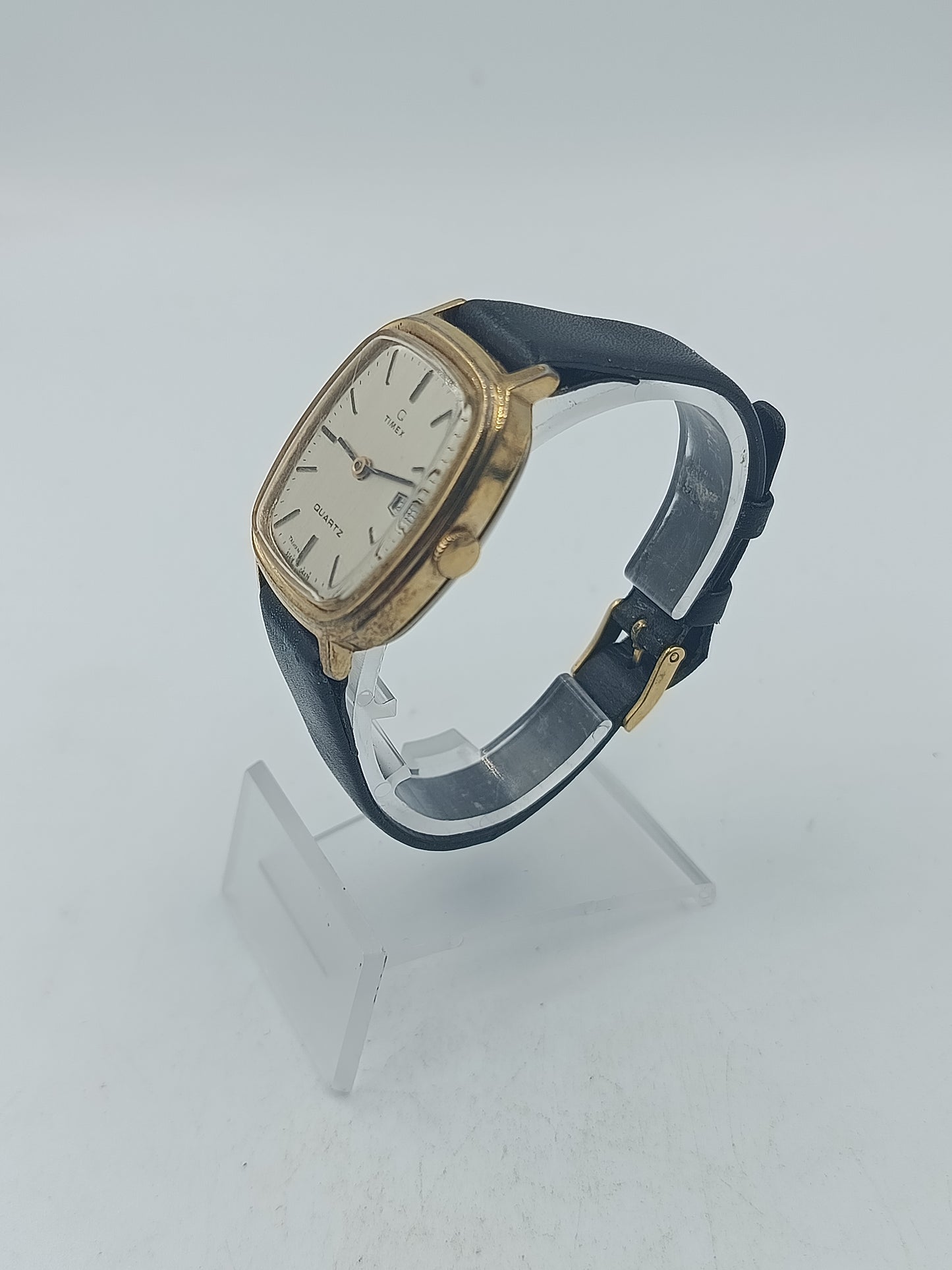 Rechteckige Armbanduhr Timex Quartz in Gold mit Lederarmband