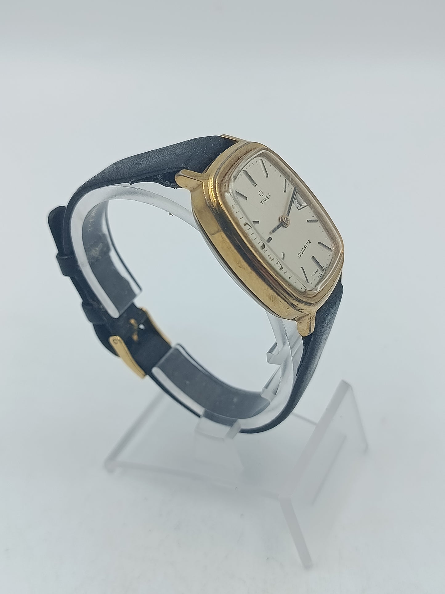 Rechteckige Armbanduhr Timex Quartz in Gold mit Lederarmband