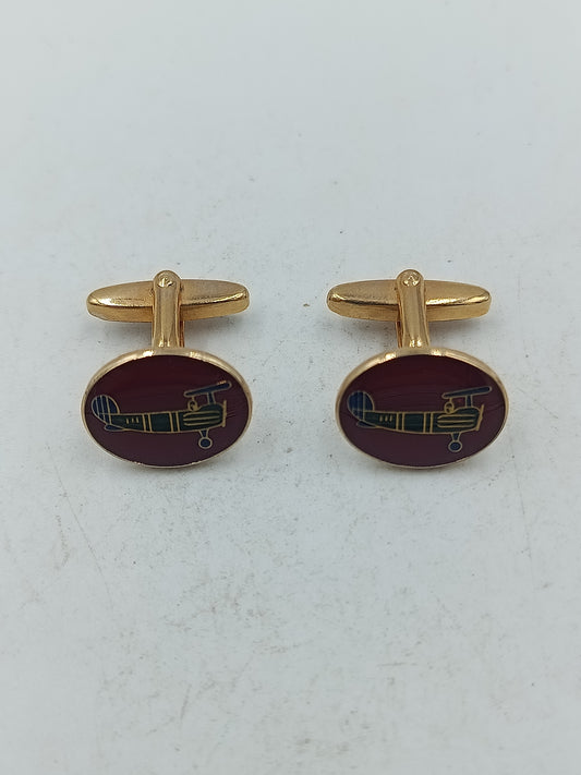 Flugzeug Manschettenknöpfe in goldfarbener Optik mit bordeauxroter Emaille