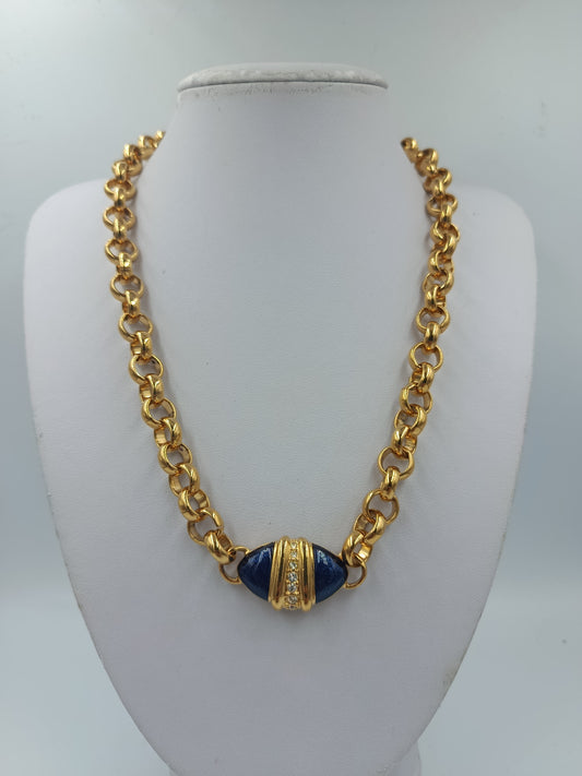 Vintage-Kette Goldoptik: Blaue Elemente & Ziersteine