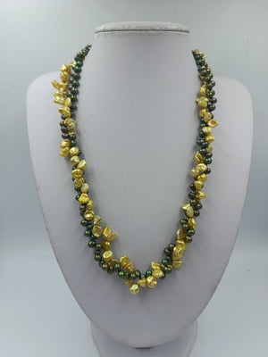 Barock-Perlenkette: Grün & Gold, 925 Silber-Verschluss