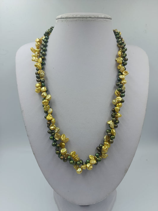 Barock-Perlenkette: Grün & Gold, 925 Silber-Verschluss
