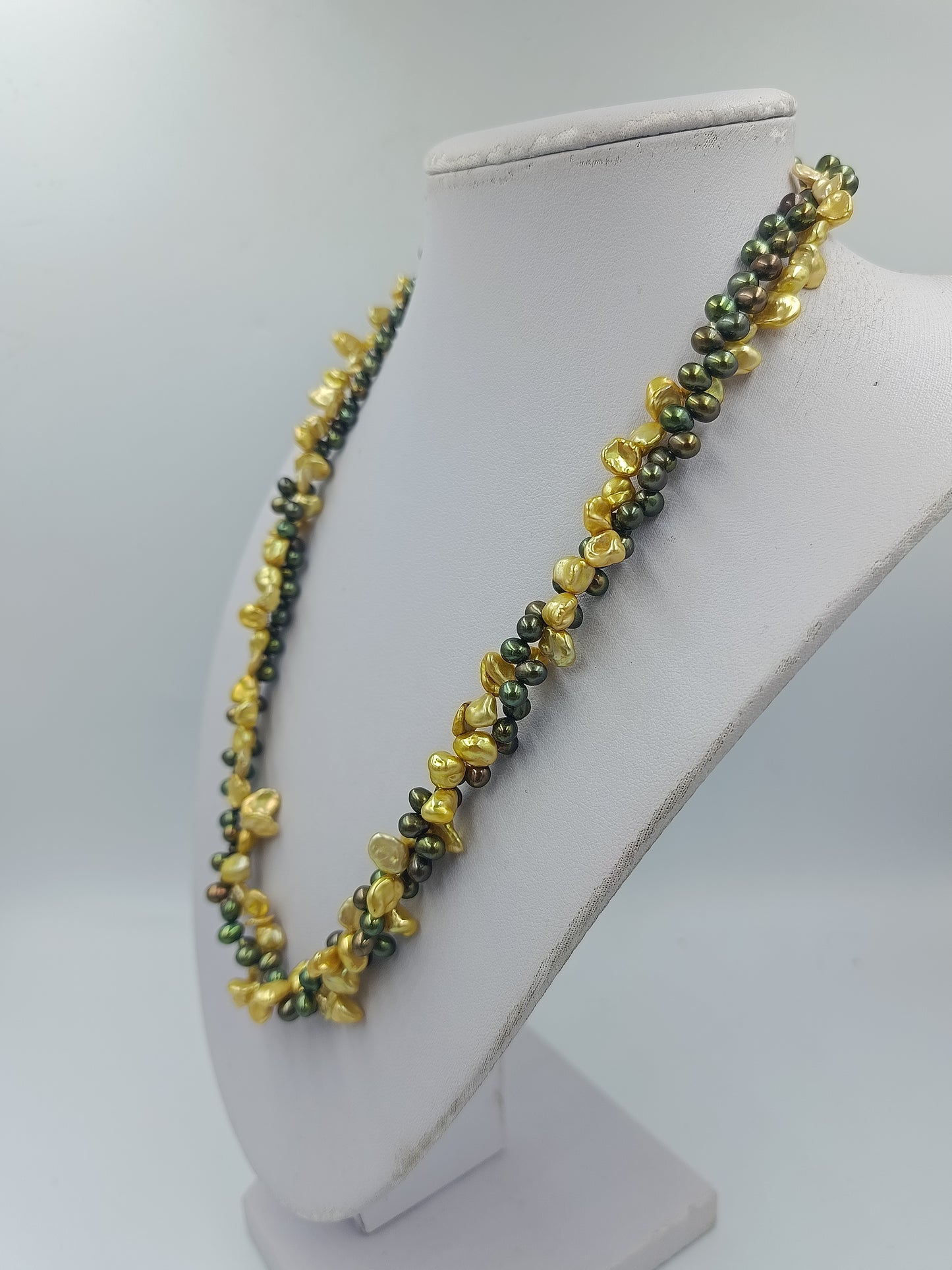 Barock-Perlenkette: Grün & Gold, 925 Silber-Verschluss