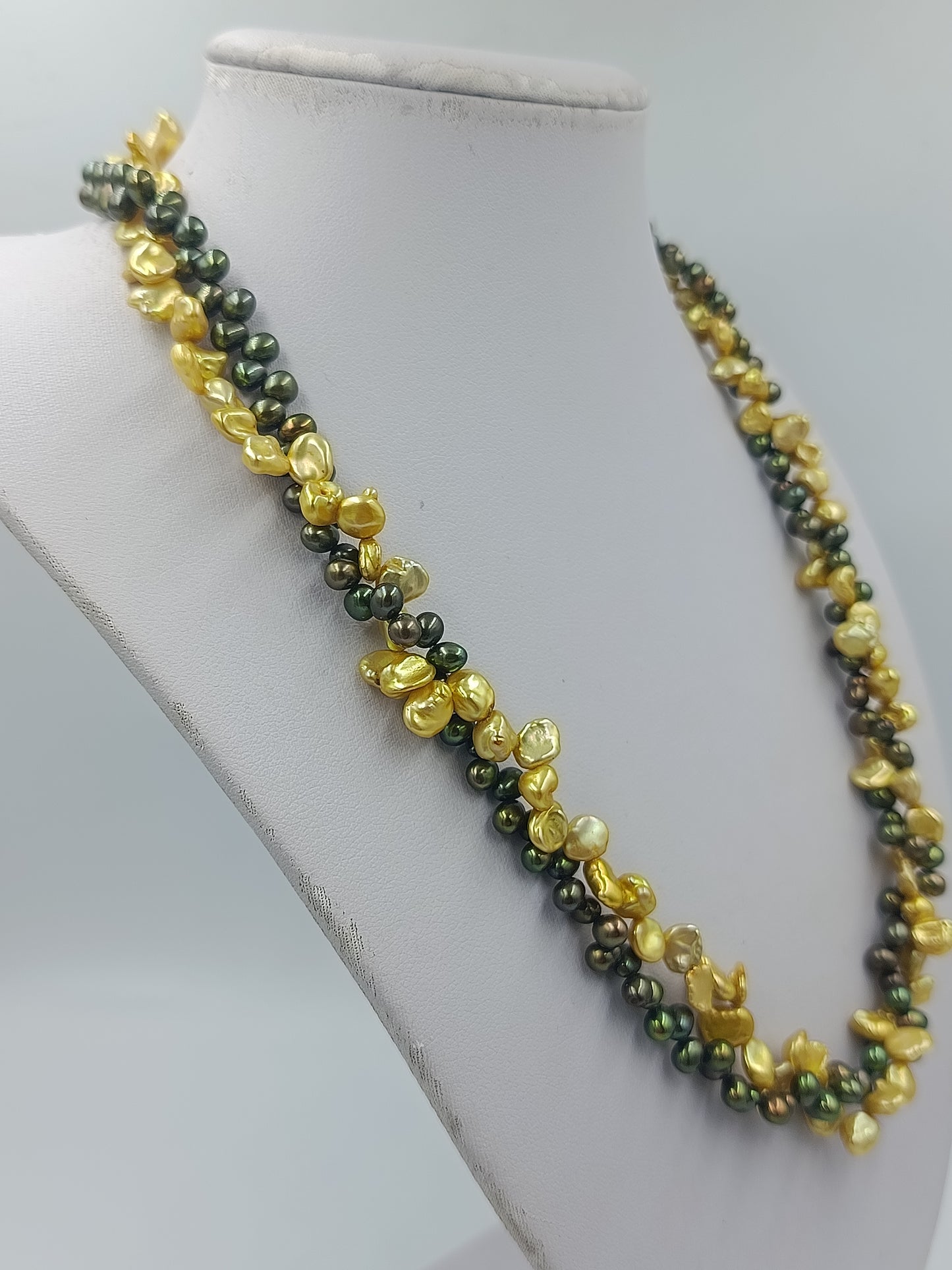 Barock-Perlenkette: Grün & Gold, 925 Silber-Verschluss