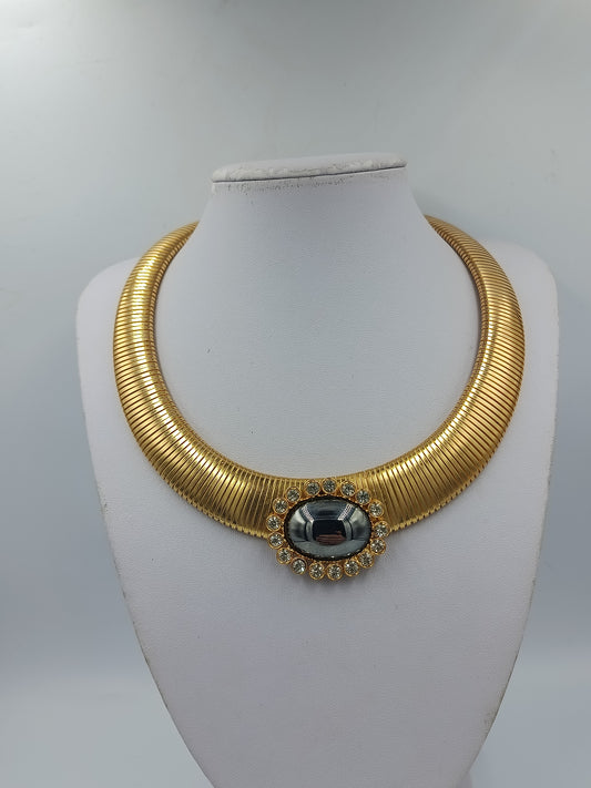 Statement Collier Goldfarben mit Strass und Cabochon Anhänger