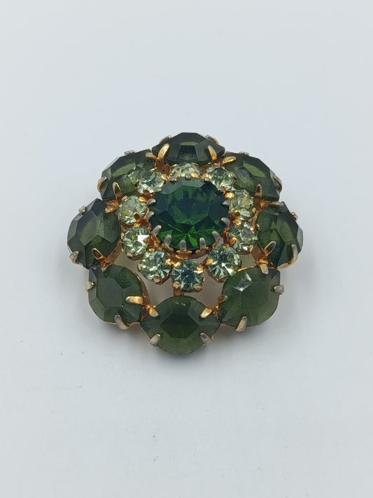 Vintage Strass-Brosche Blüte: Grüne Steine & Goldfassung