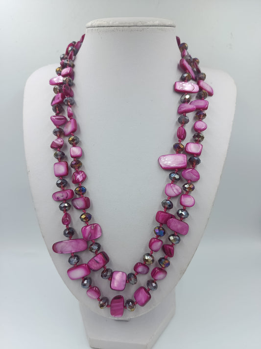 Vintage Doppelreihige Perlmutt Kette pink facettierte Glasperlen im Vintage Stil