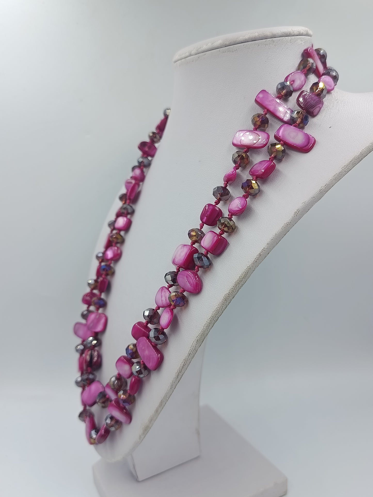 Vintage Doppelreihige Perlmutt Kette pink facettierte Glasperlen im Vintage Stil