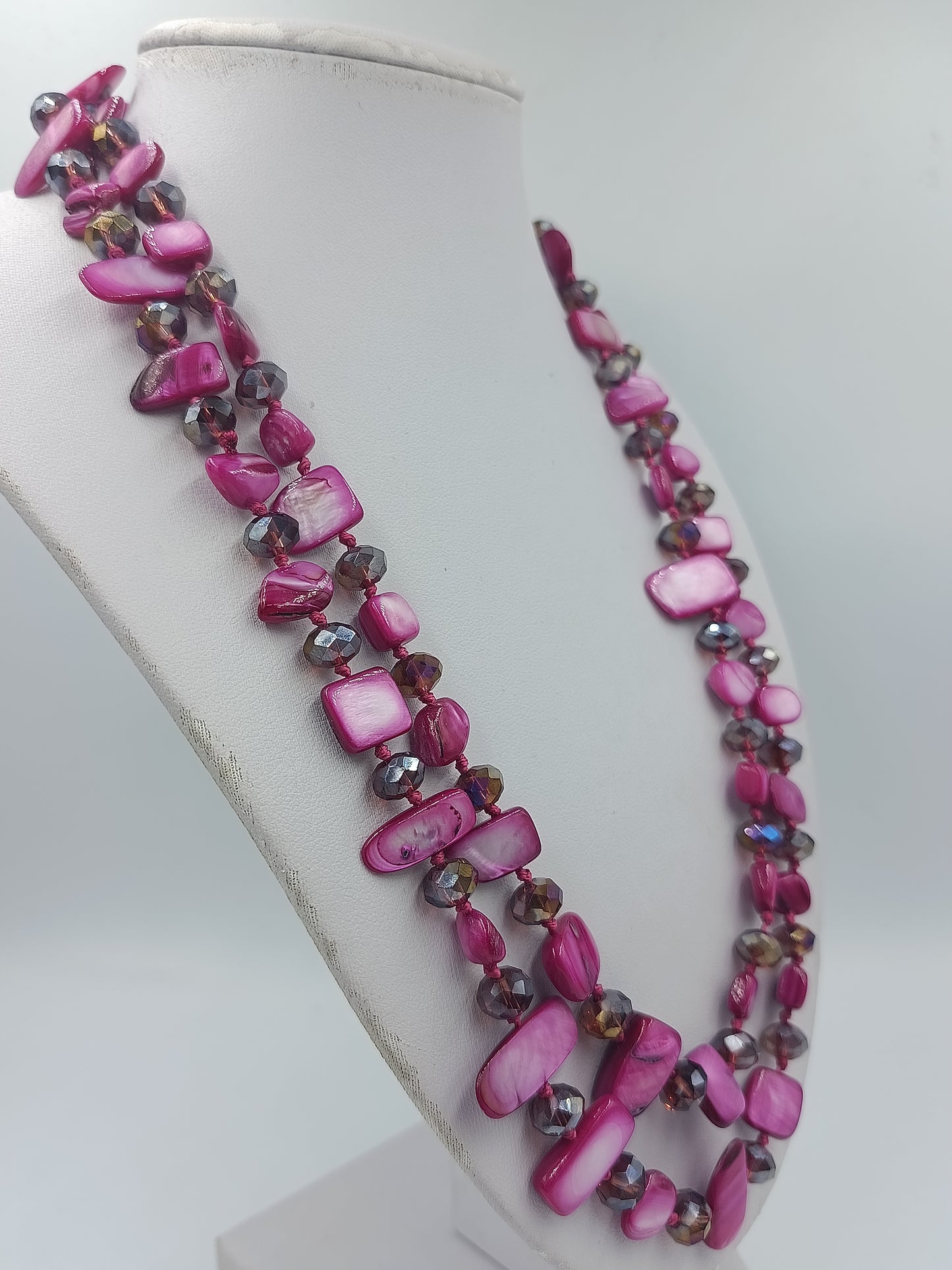 Vintage Doppelreihige Perlmutt Kette pink facettierte Glasperlen im Vintage Stil