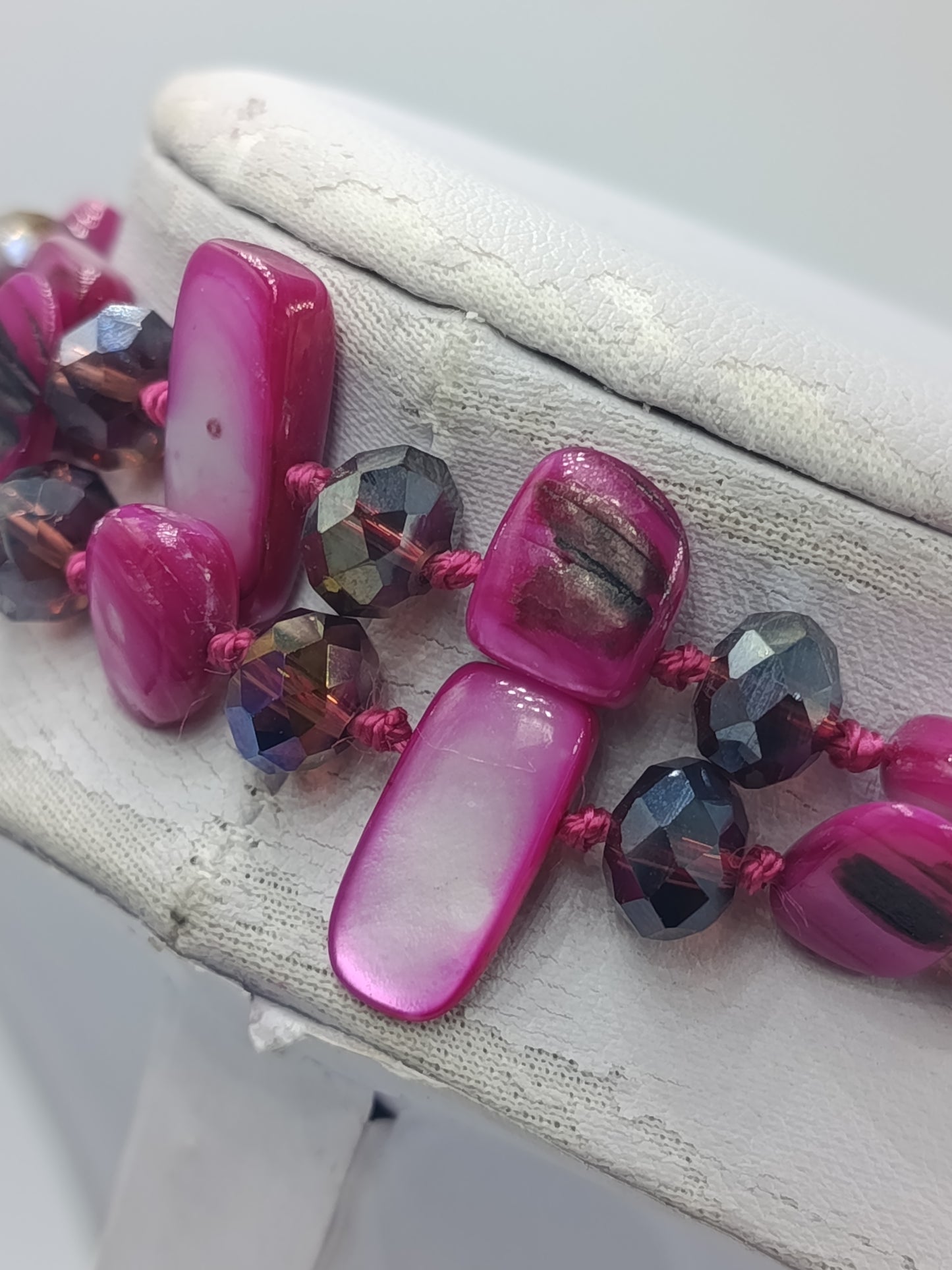 Vintage Doppelreihige Perlmutt Kette pink facettierte Glasperlen im Vintage Stil
