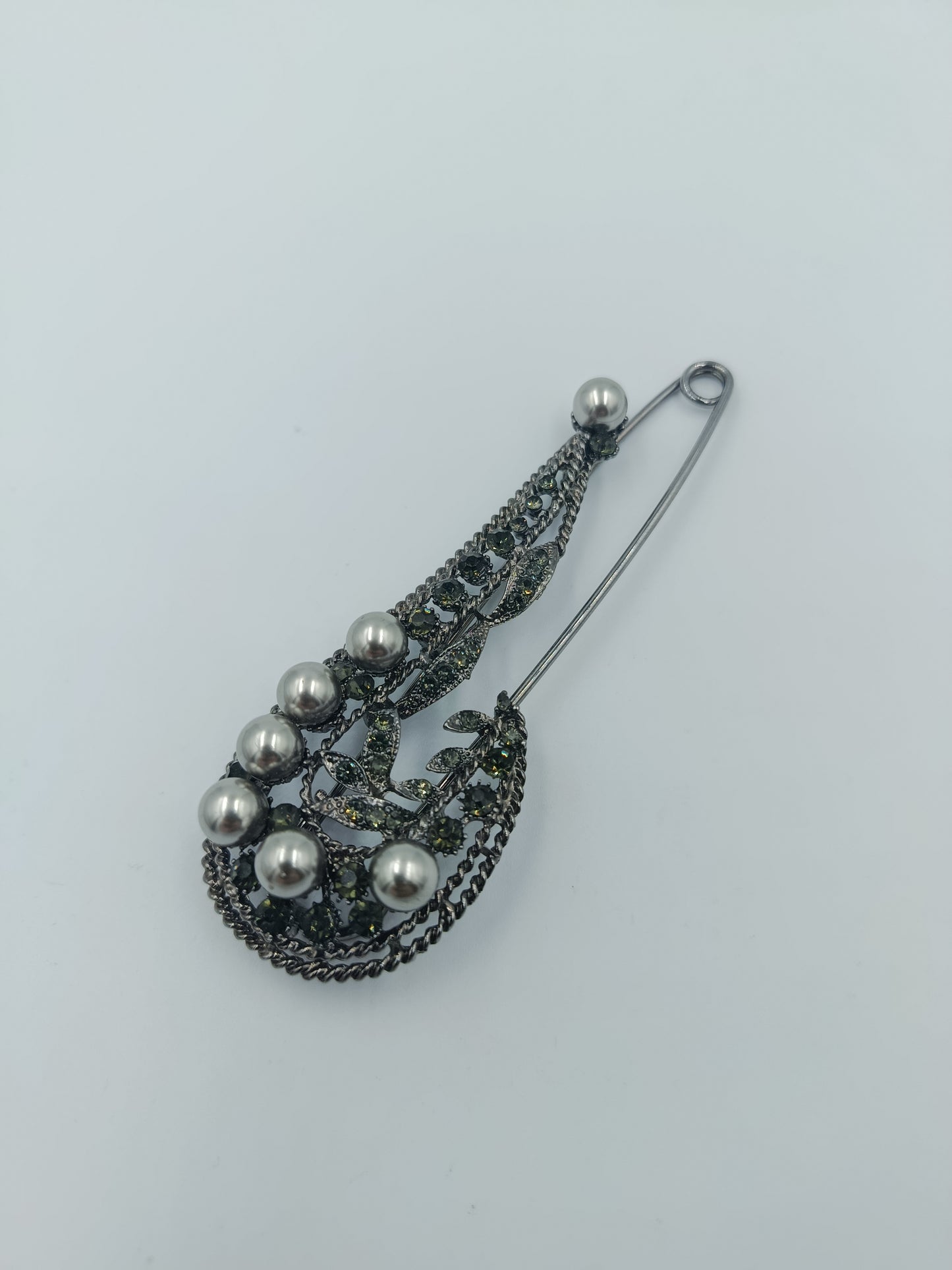 Große Vintage Brosche im Sicherheitsnadel-Design mit Perlen und Strass