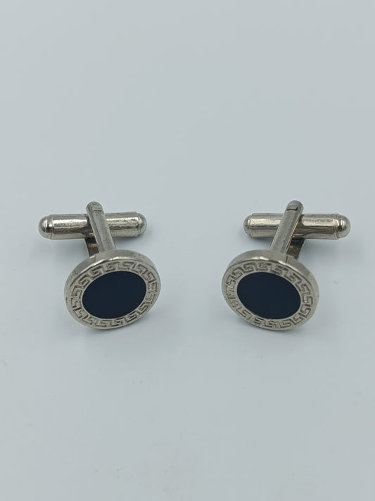 Vintage Manschettenknöpfe silberfarben mit blauem Cabochon und Ornamentrand