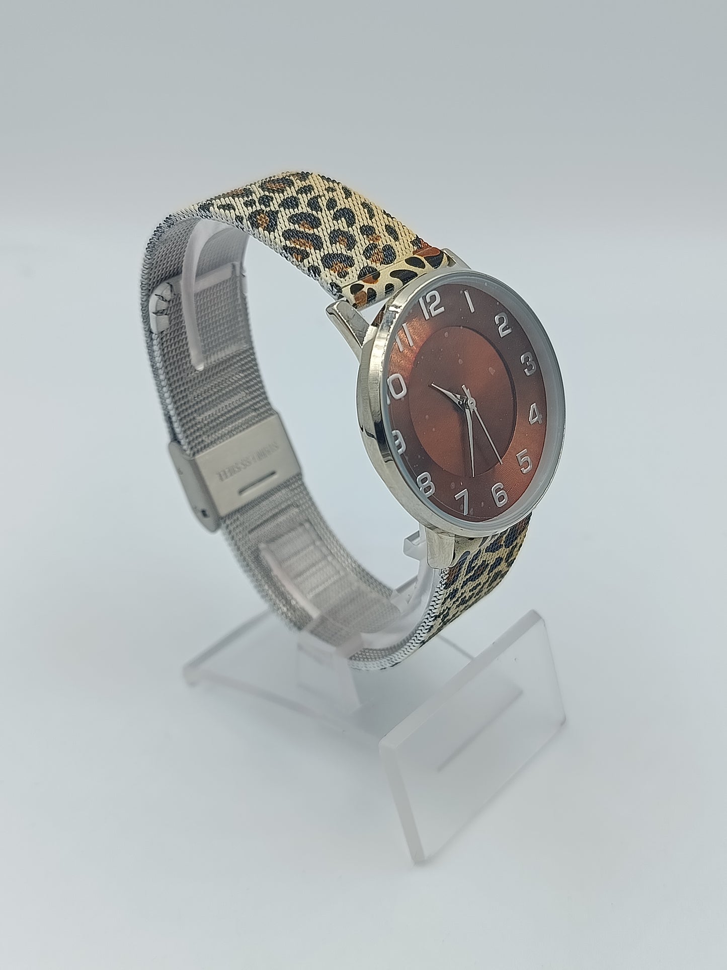 Damenarmbanduhr mit Leopardenmuster Armband und braunem Zifferblatt