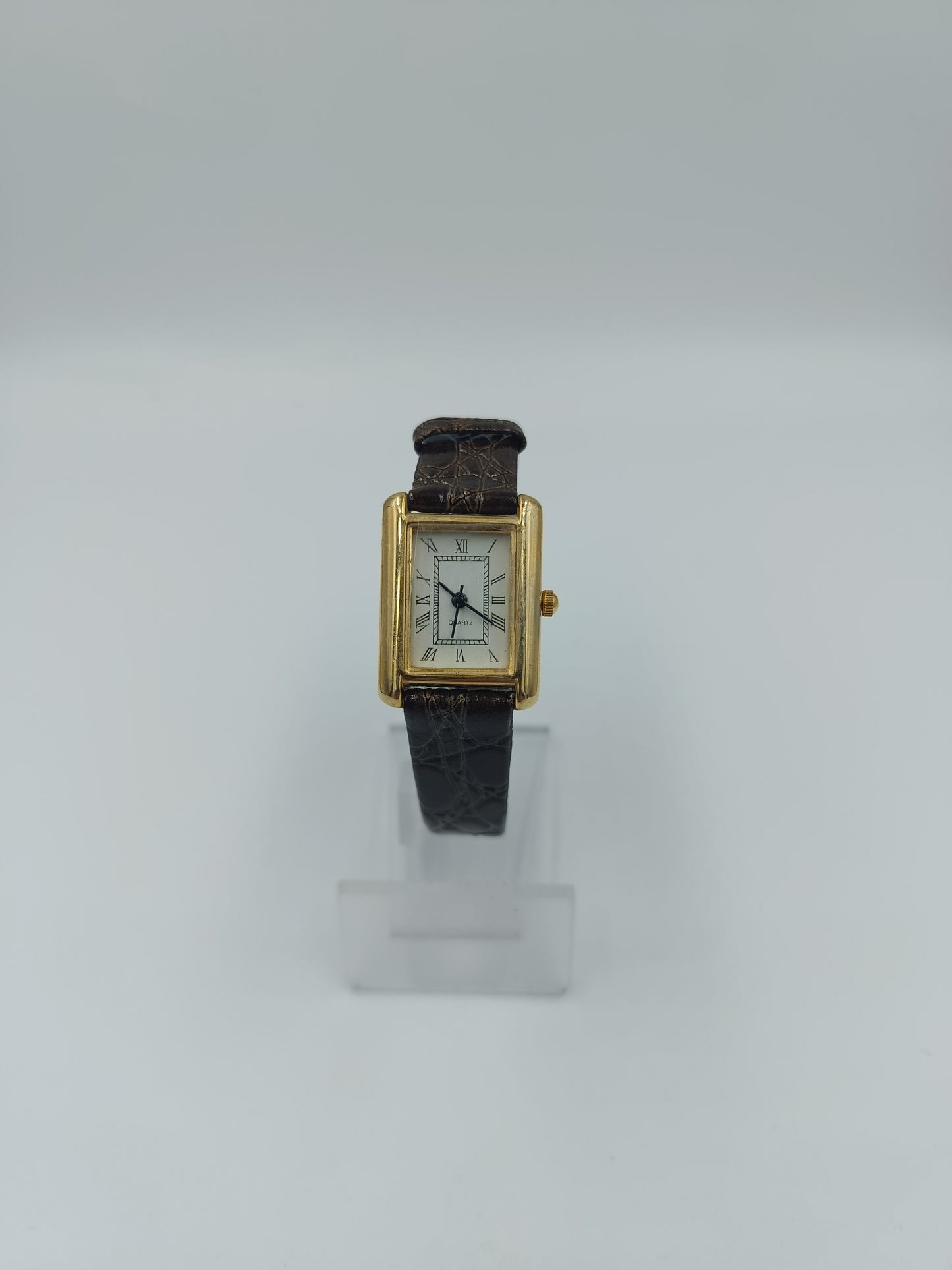 Rechteckige Damenuhr Goldoptik: Römische Ziffern & Lederband