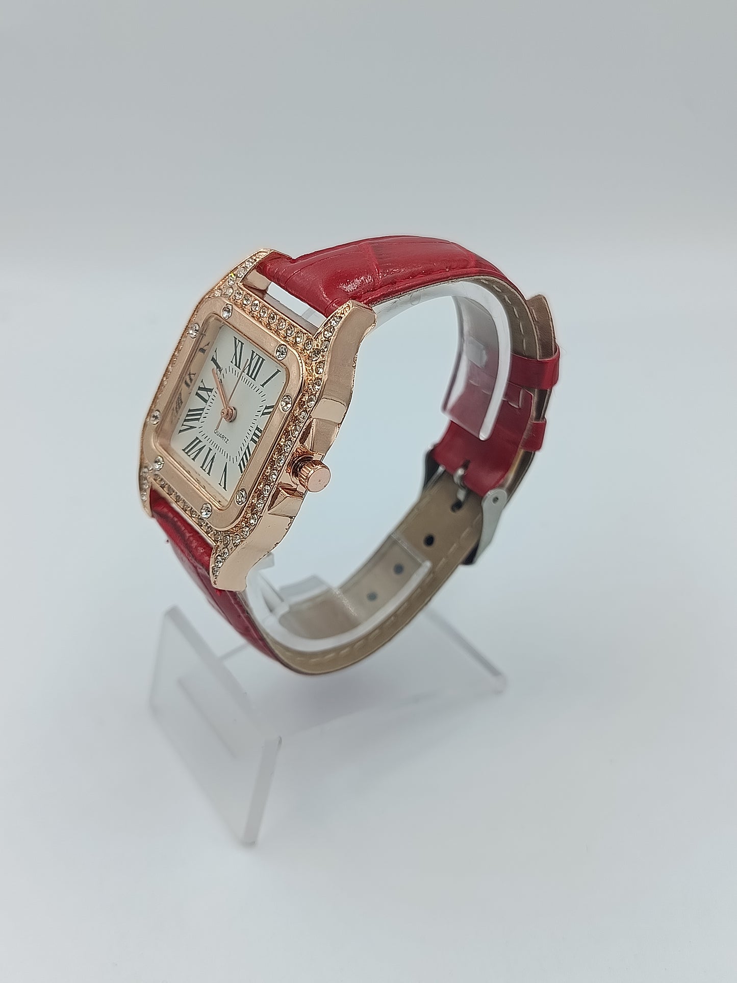 Roségold-Damenuhr mit Strass & rotem Lederarmband