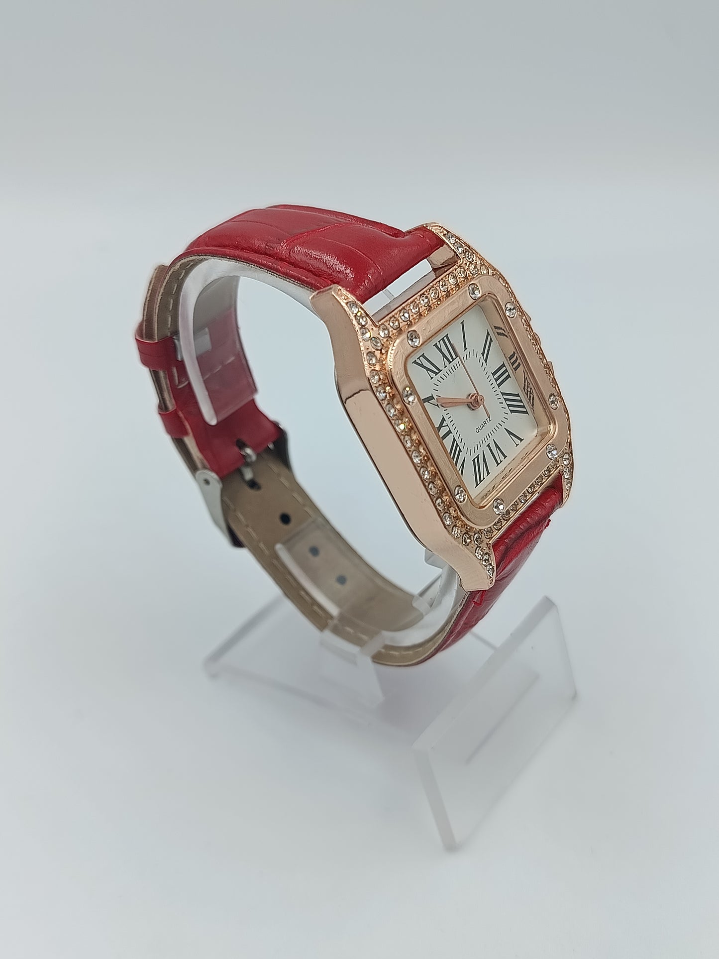 Roségold-Damenuhr mit Strass & rotem Lederarmband