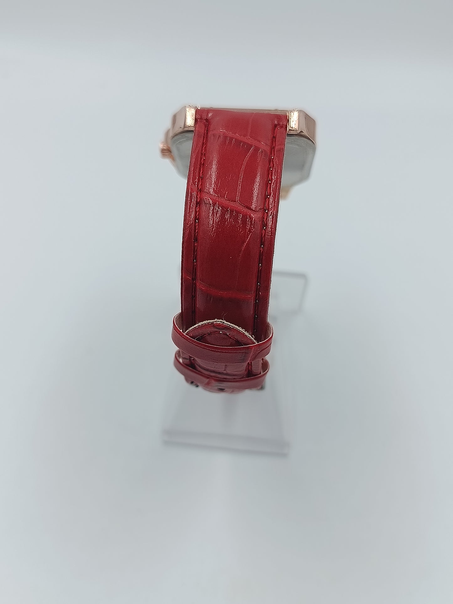 Roségold-Damenuhr mit Strass & rotem Lederarmband