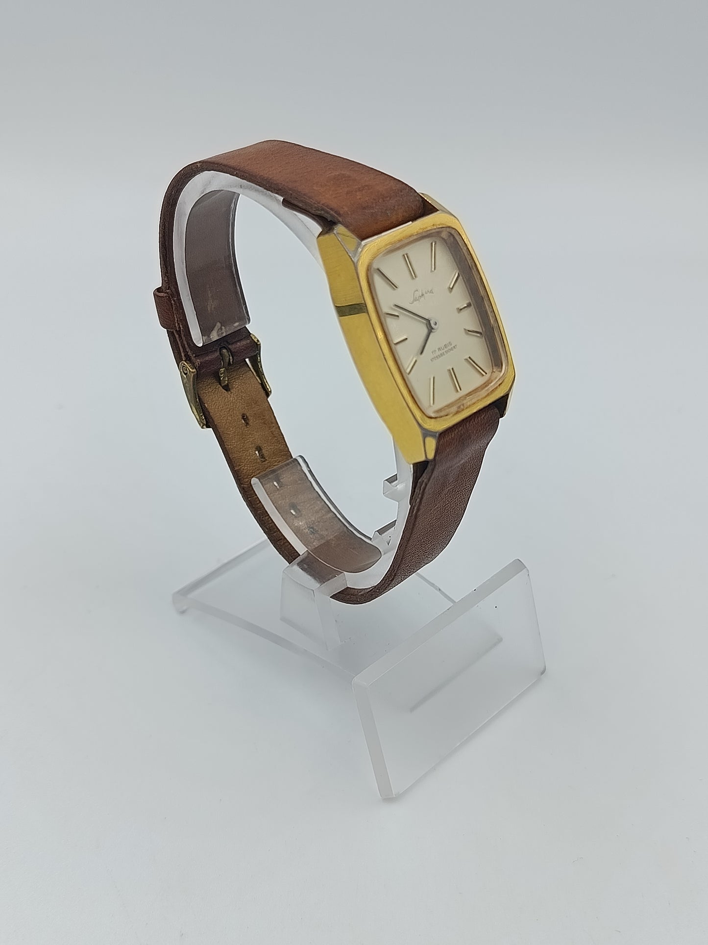 Elegante  Klassische Vintage Armbanduhr Saphira mit braunem Lederband