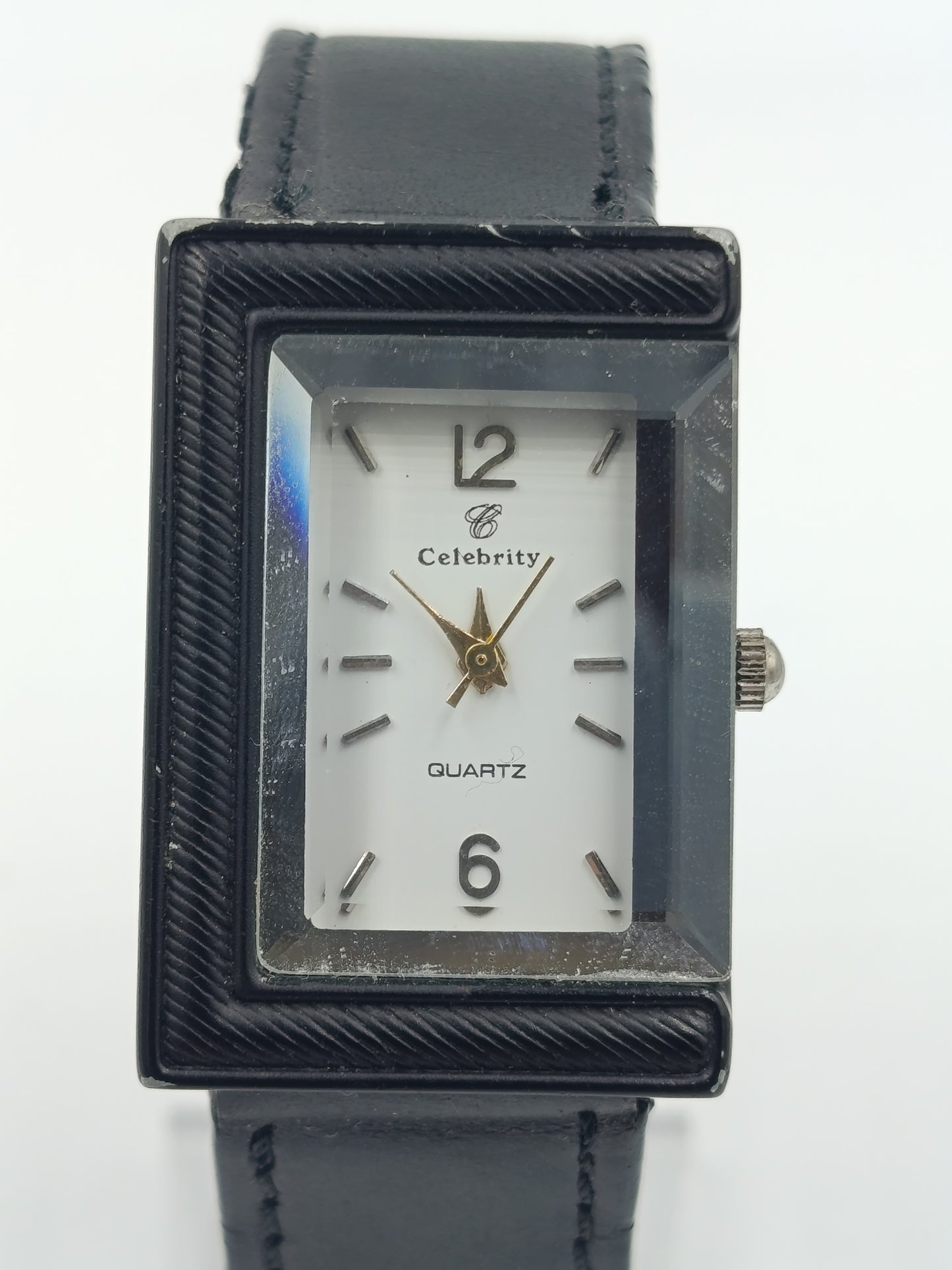 Celebrity Damen Armbanduhr rechteckiges Gehäuse mit schwarzem Lederarmband