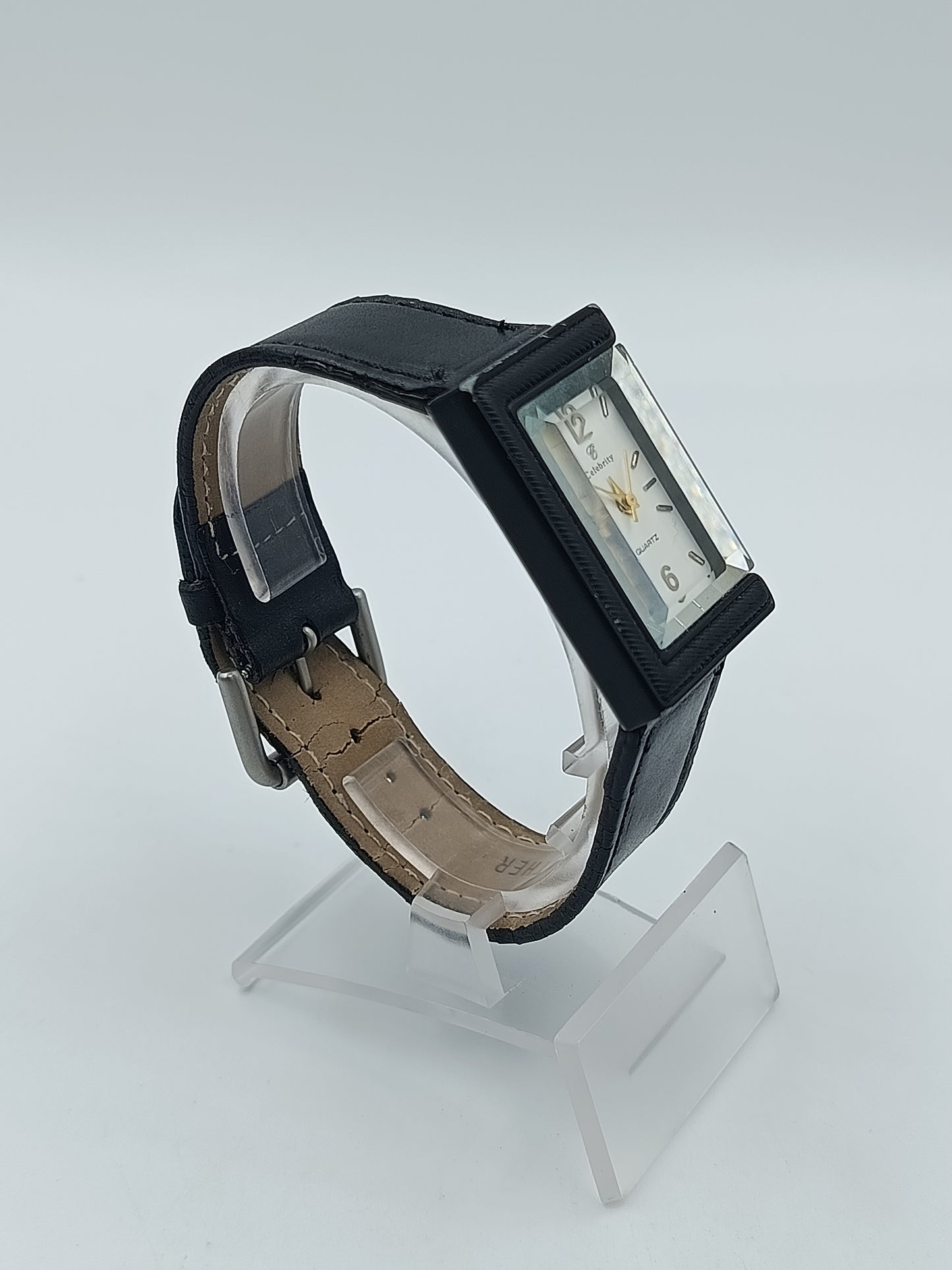 Celebrity Damen Armbanduhr rechteckiges Gehäuse mit schwarzem Lederarmband