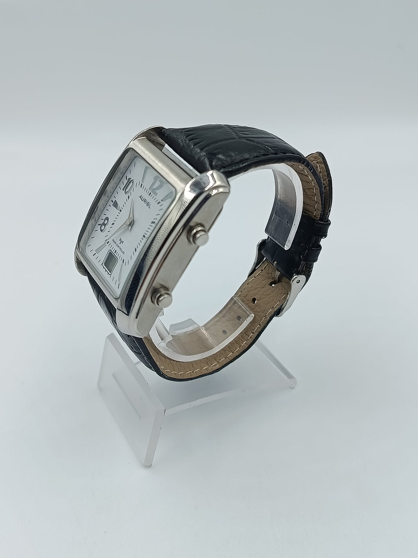 Auriol Funk Damen Armbanduhr Radio Controlled eckig Edelstahl Lederarmband