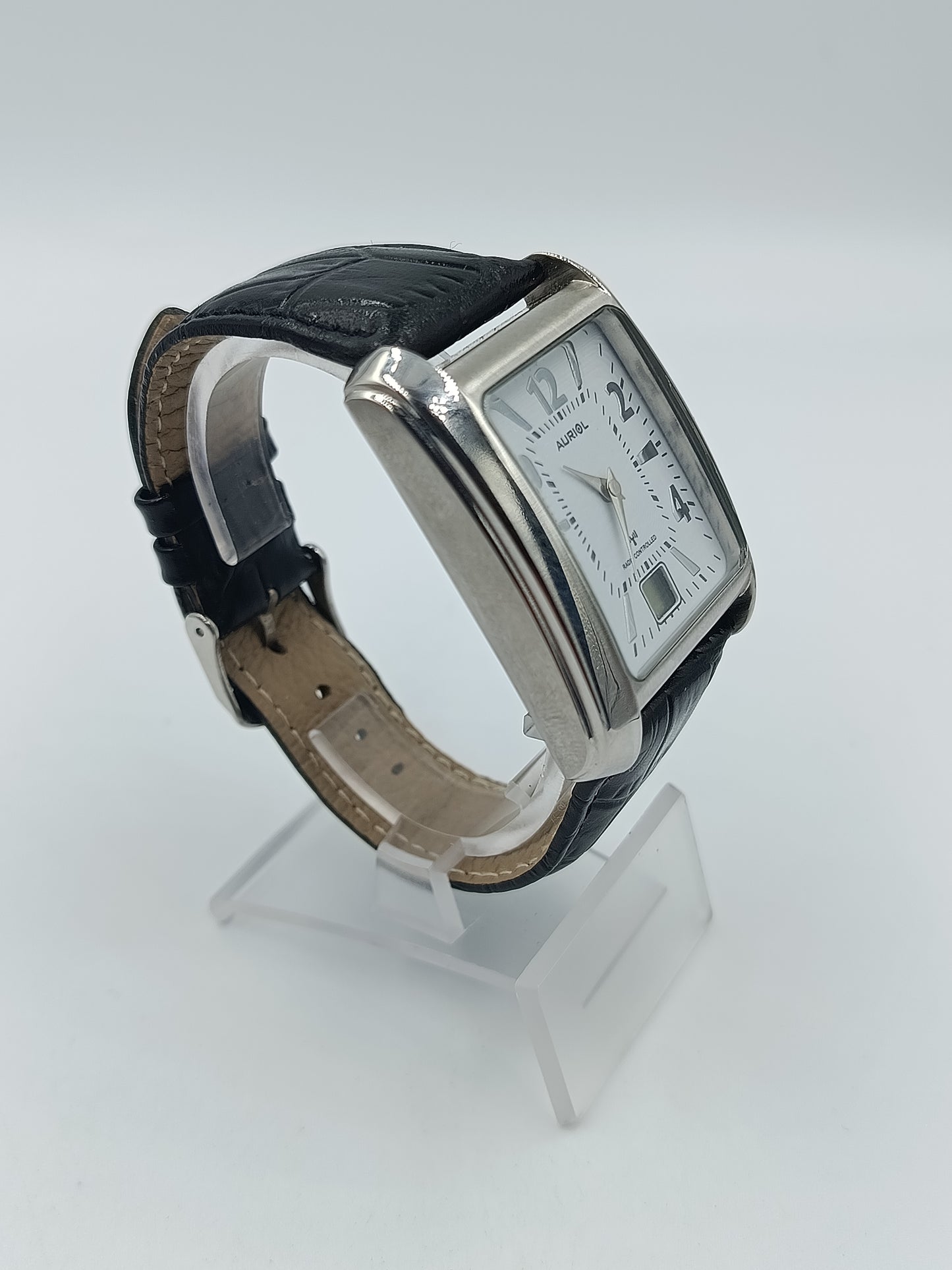 Auriol Funk Damen Armbanduhr Radio Controlled eckig Edelstahl Lederarmband
