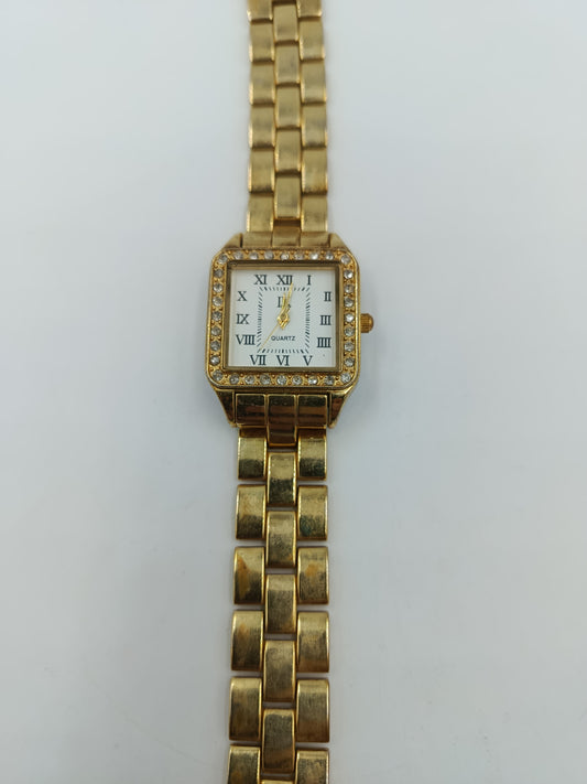 Vintage Damenarmbanduhr Goldfarben mit Strassbesatz und römischen Ziffern