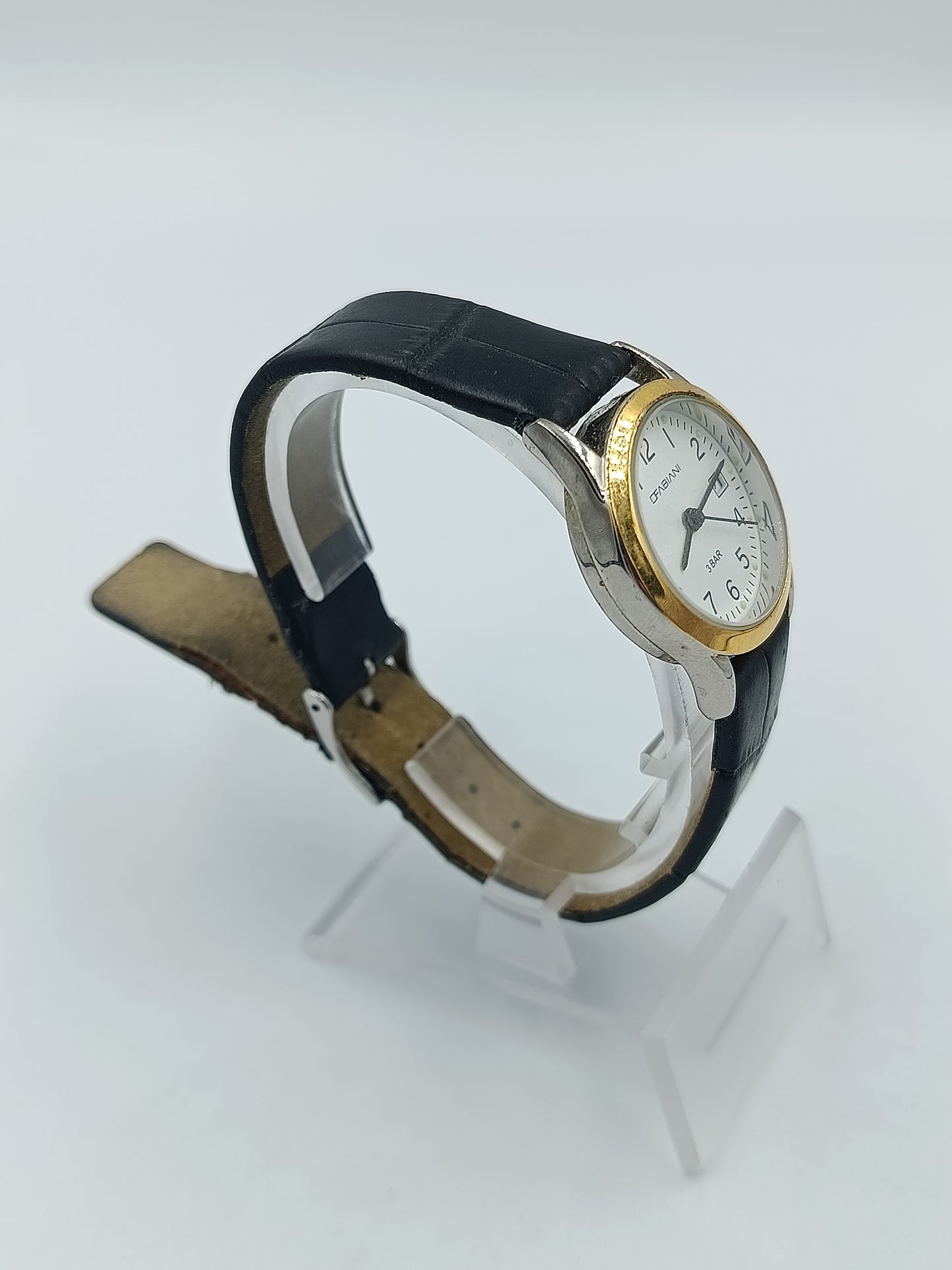 Fabiani Damenarmbanduhr mit Datumsanzeige Lederarmband und goldfarbener Lünette
