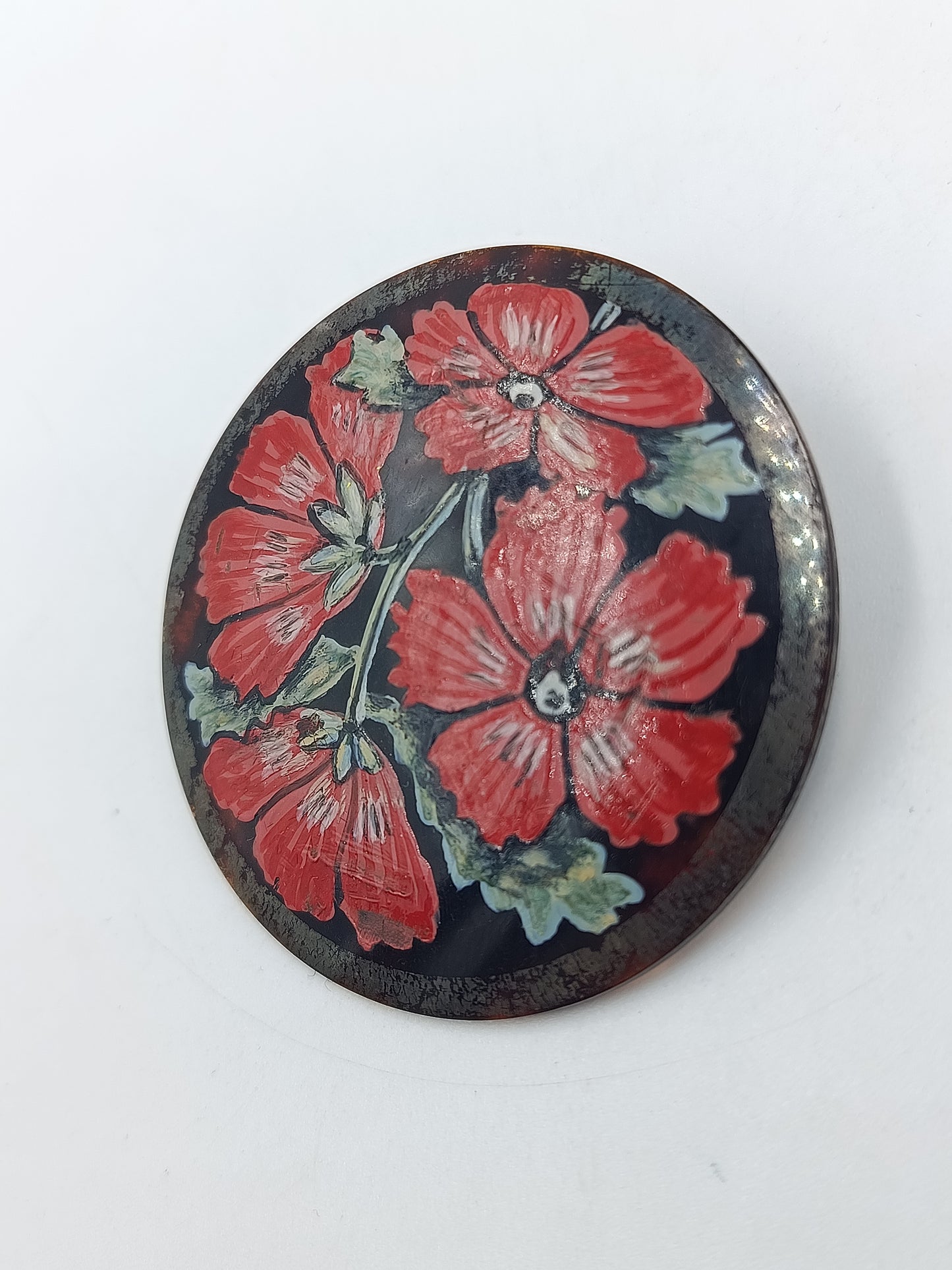 Wunderschöne runde Vintage Brosche mit handbemaltem Blumenmotiv in Rot