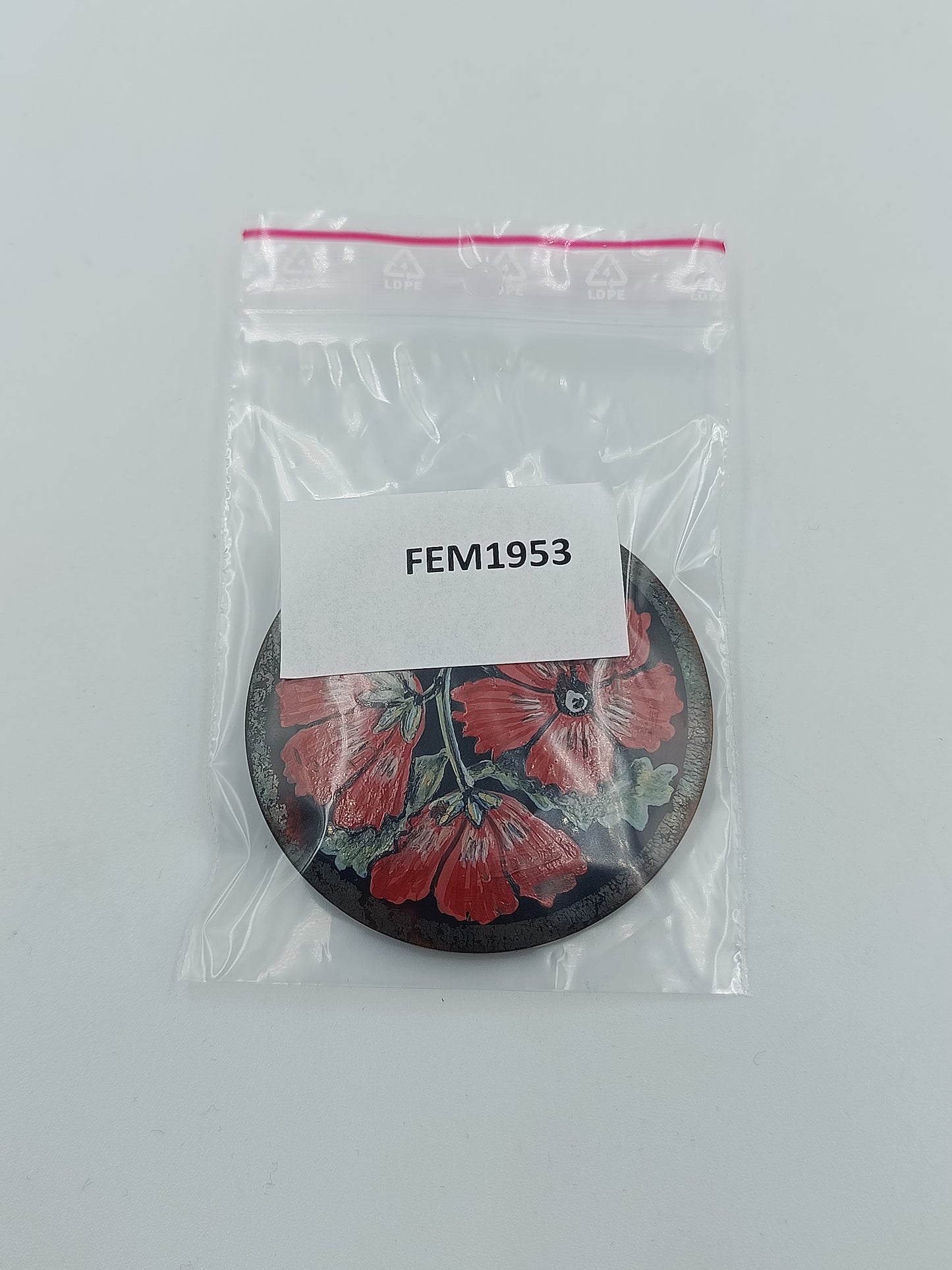 Wunderschöne runde Vintage Brosche mit handbemaltem Blumenmotiv in Rot