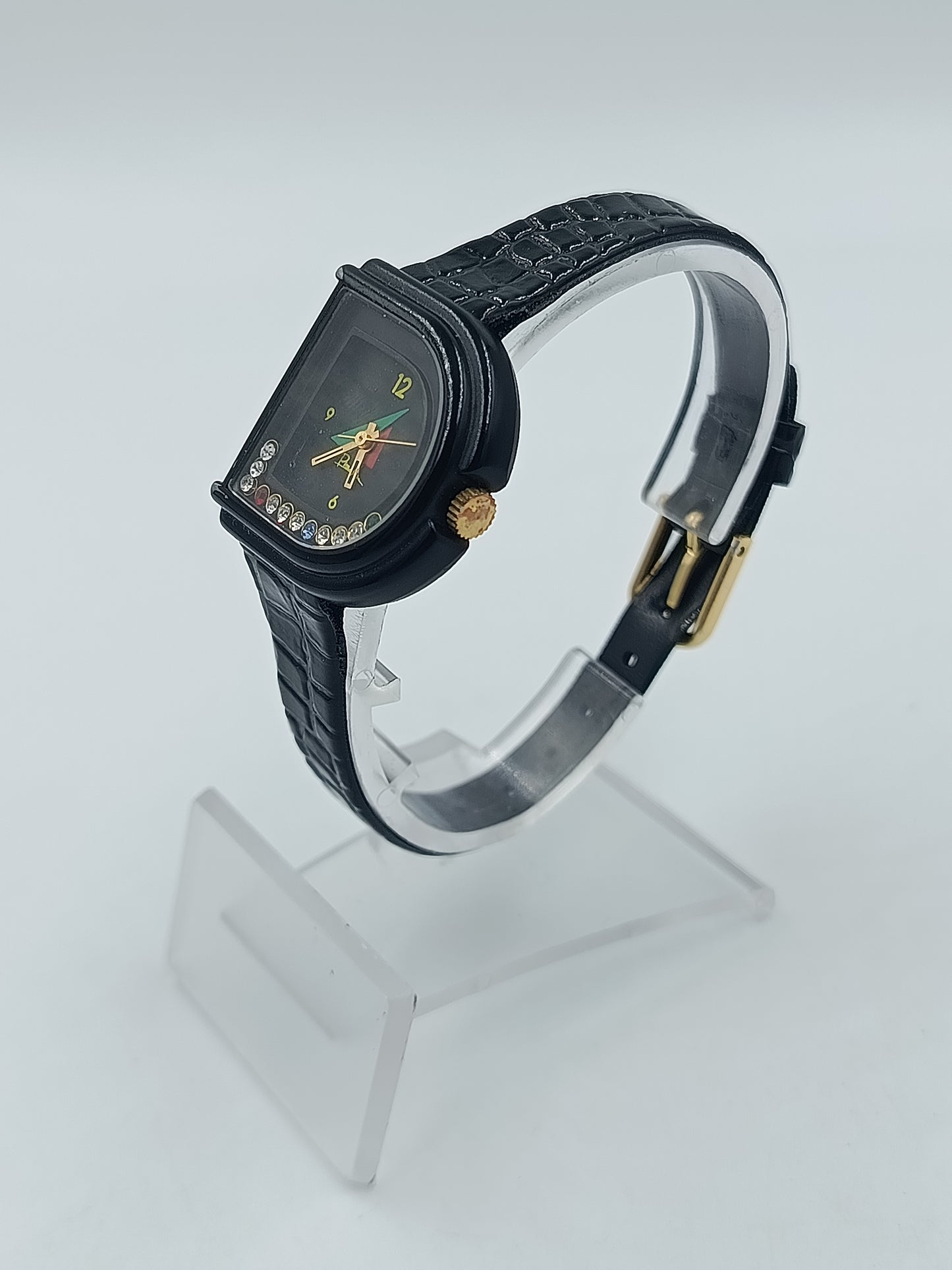 Damenuhr Vintage: Strass & Schwarzes Kroko-Lederarmband