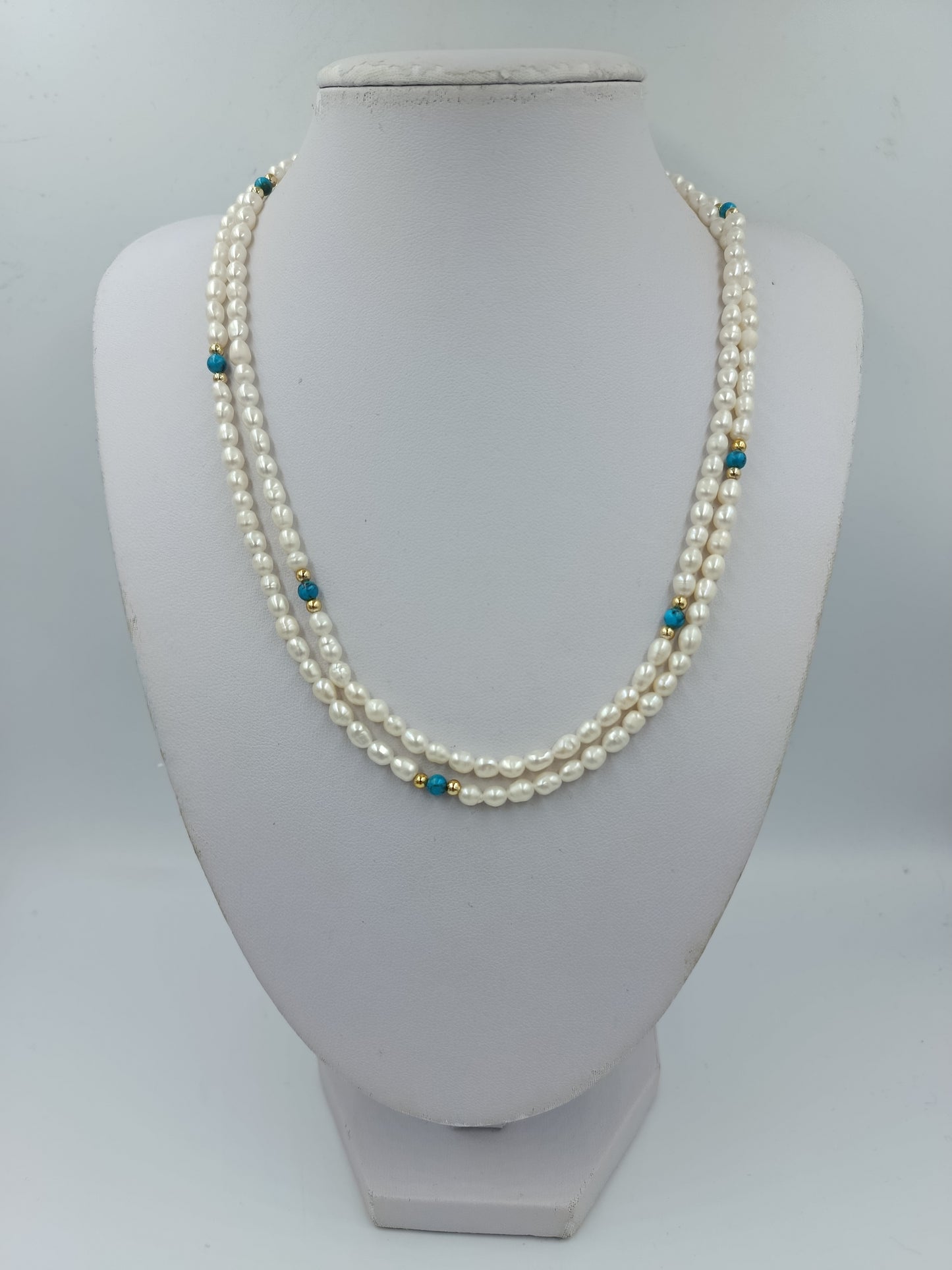 Doppelte Perlenkette mit Türkisfarbenen Perlen Vintage Schmuck Halskette