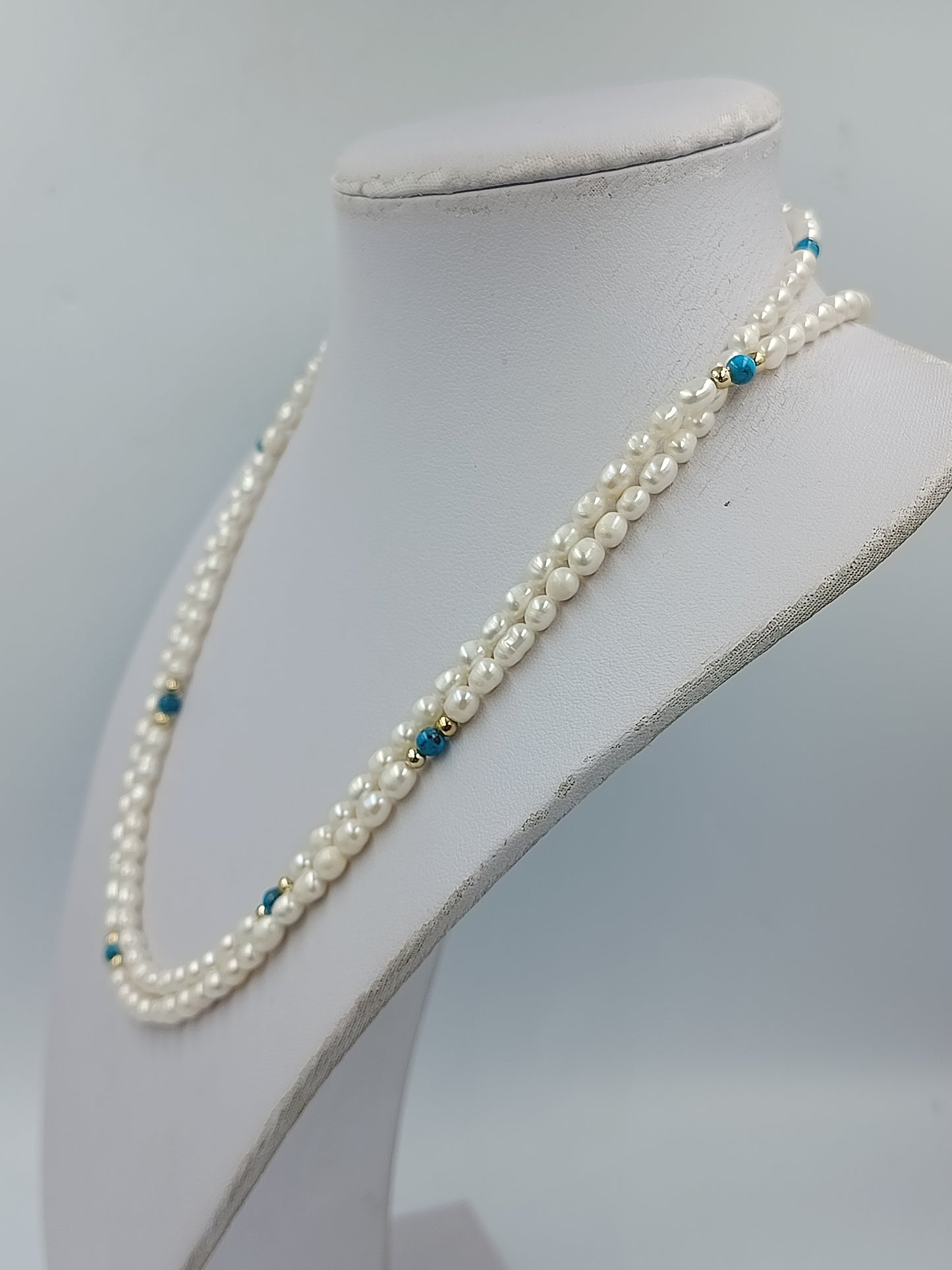 Doppelte Perlenkette mit Türkisfarbenen Perlen Vintage Schmuck Halskette
