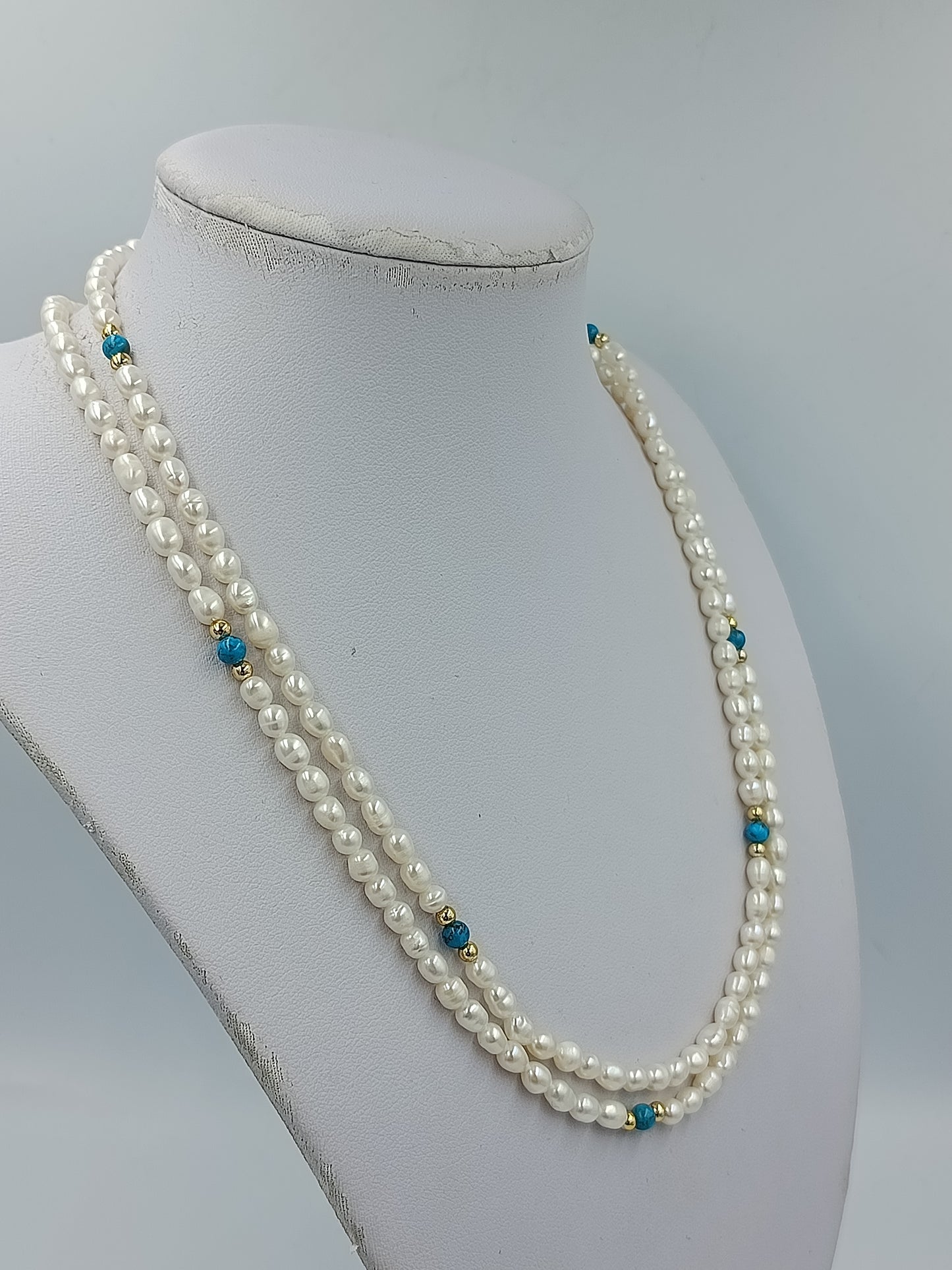 Doppelte Perlenkette mit Türkisfarbenen Perlen Vintage Schmuck Halskette