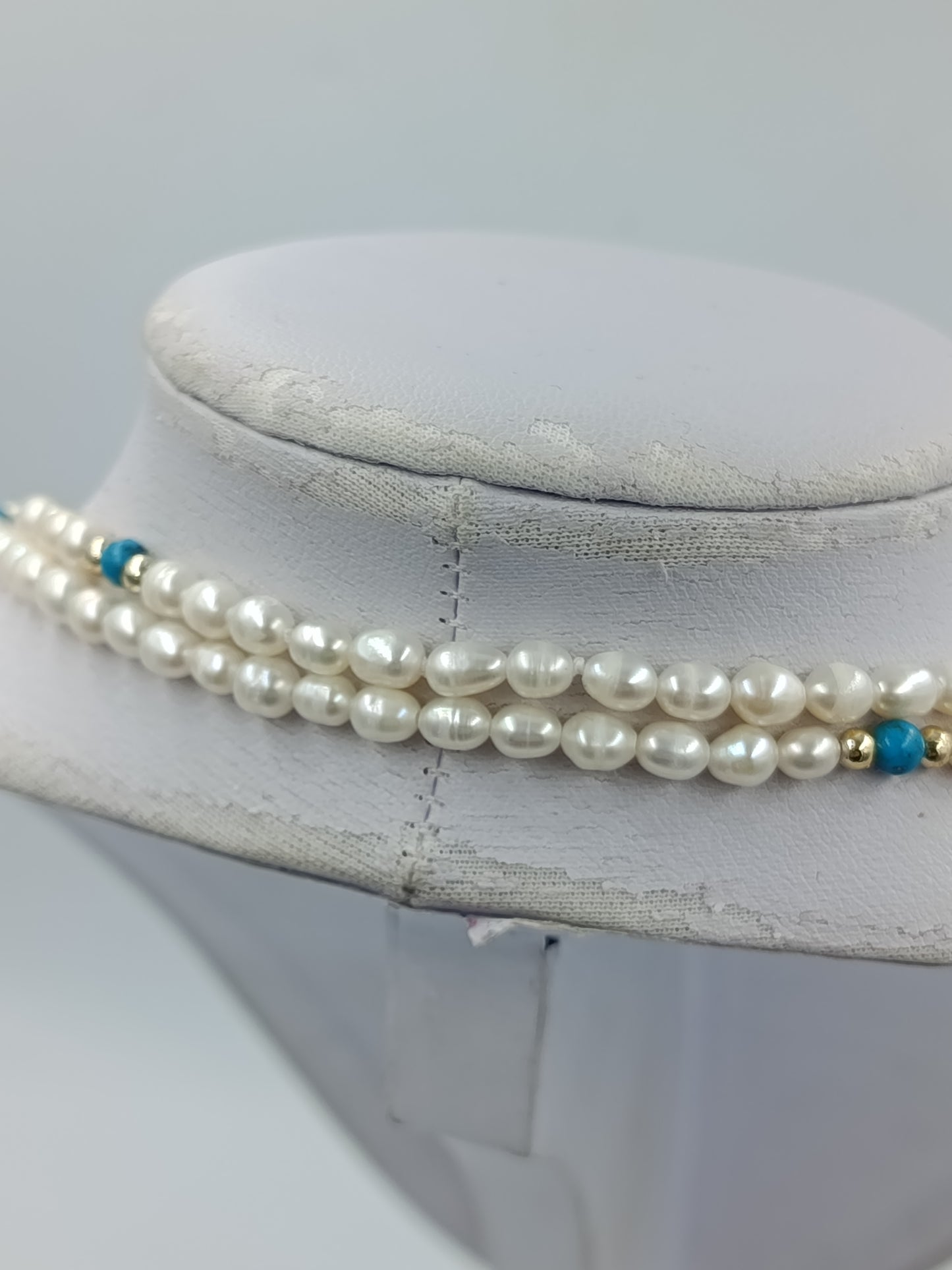 Doppelte Perlenkette mit Türkisfarbenen Perlen Vintage Schmuck Halskette