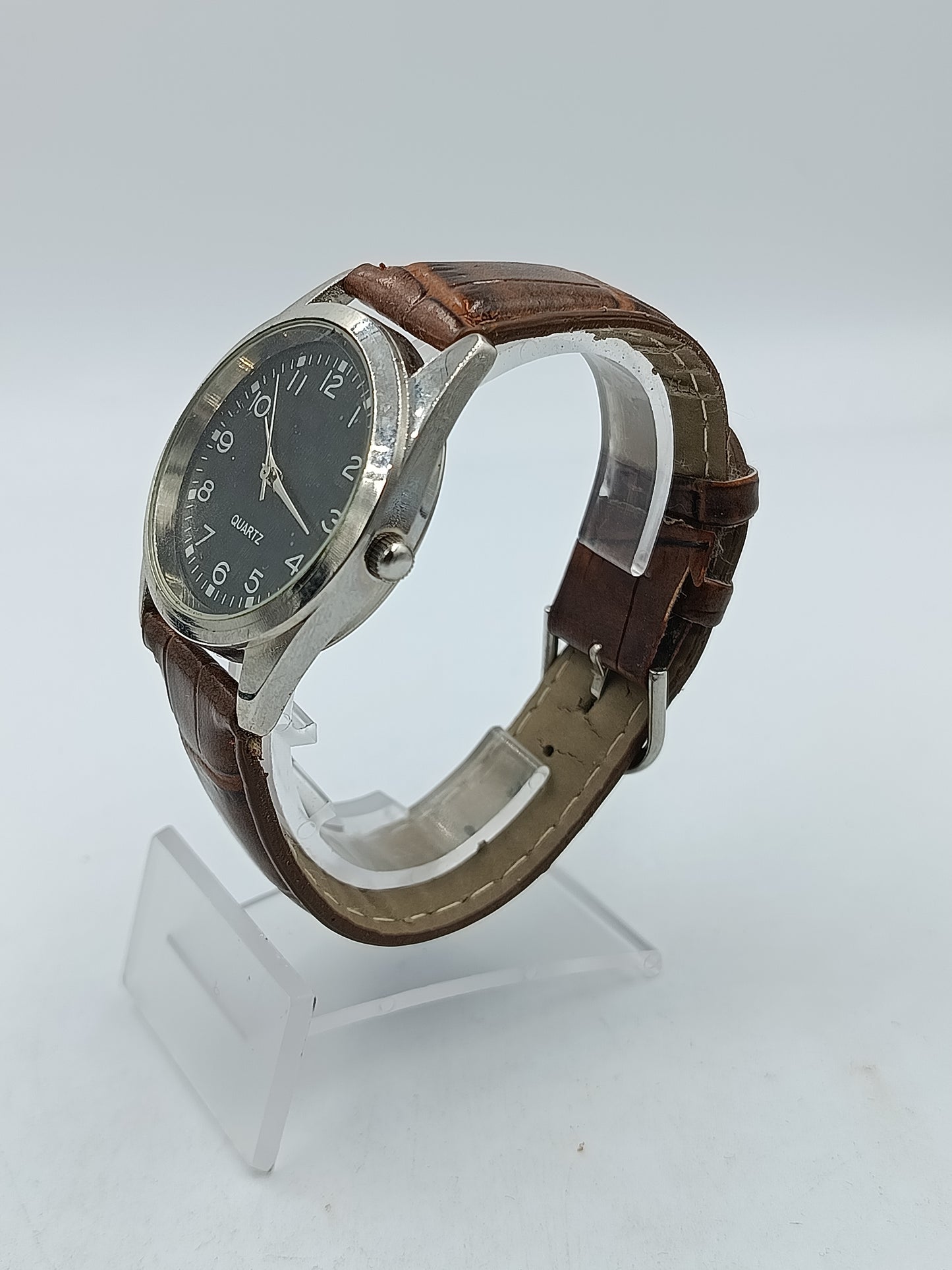 Herren Uhr Quartz Klassisch Braun Lederarmband Silber Vintage