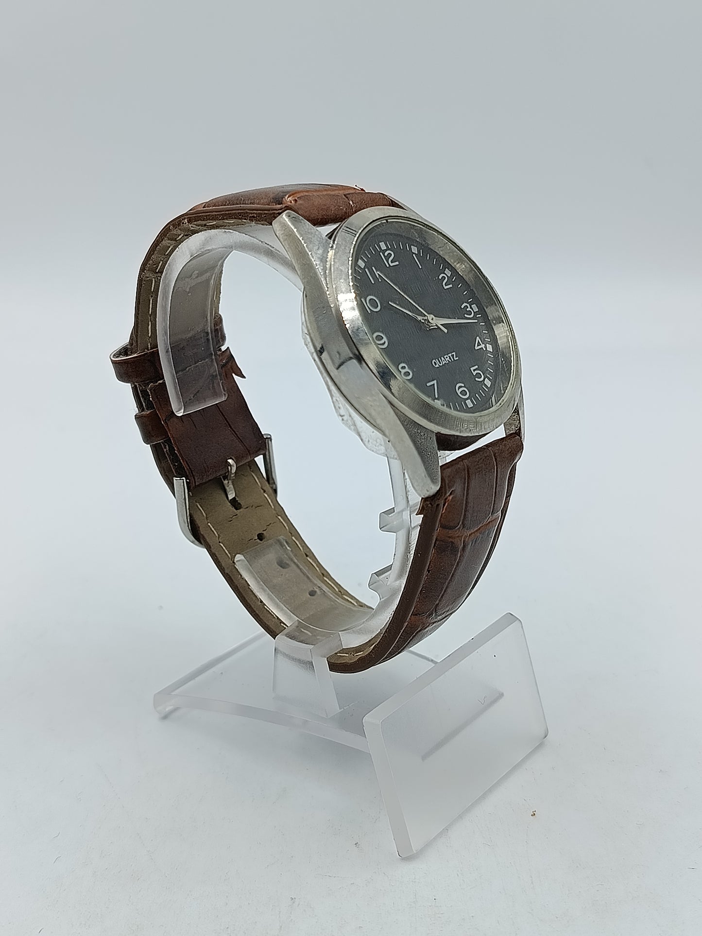 Herren Uhr Quartz Klassisch Braun Lederarmband Silber Vintage