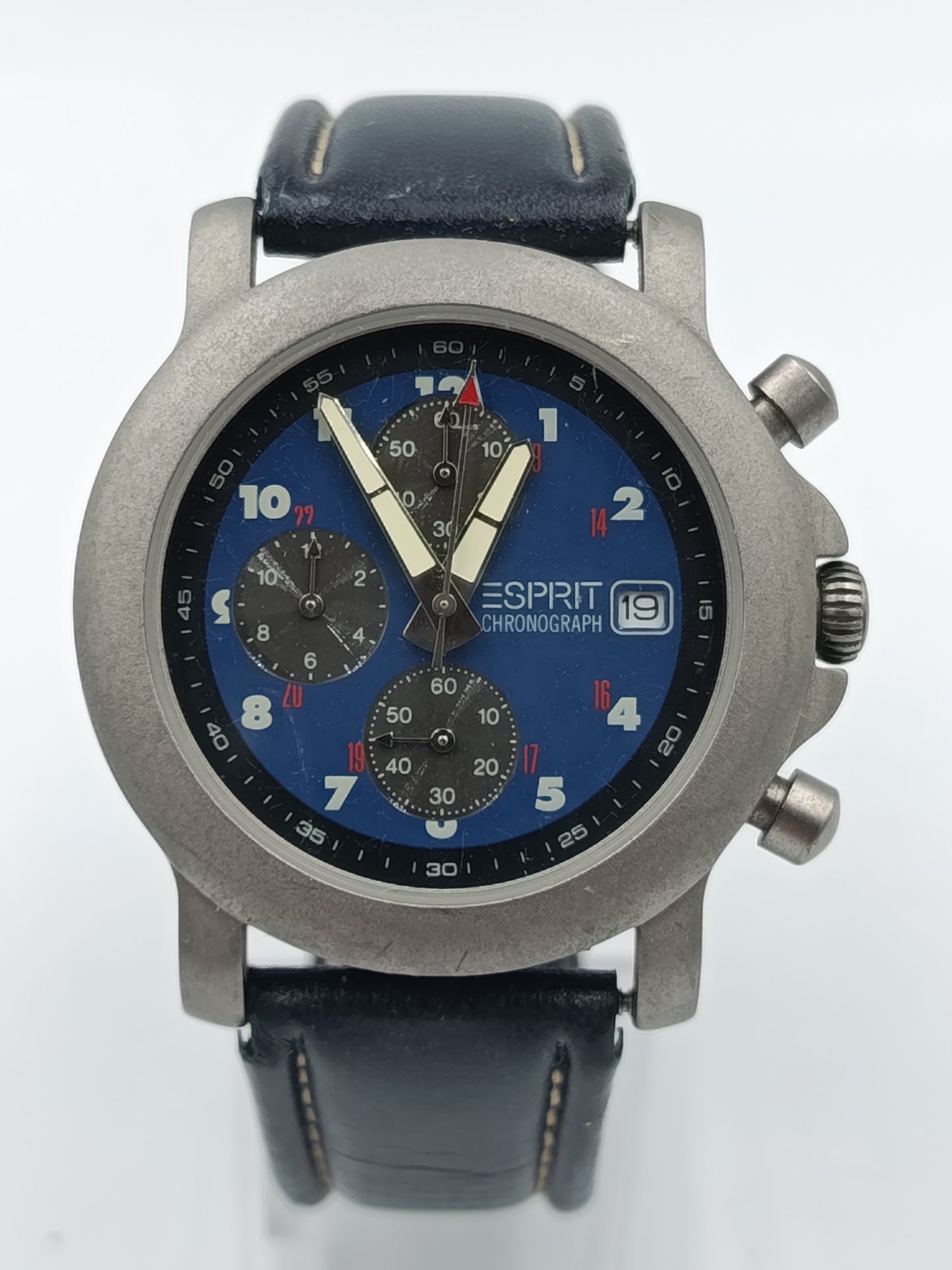 Esprit Chronograph Herren Uhr Blau Datum Edelstahl Lederarmband Sport