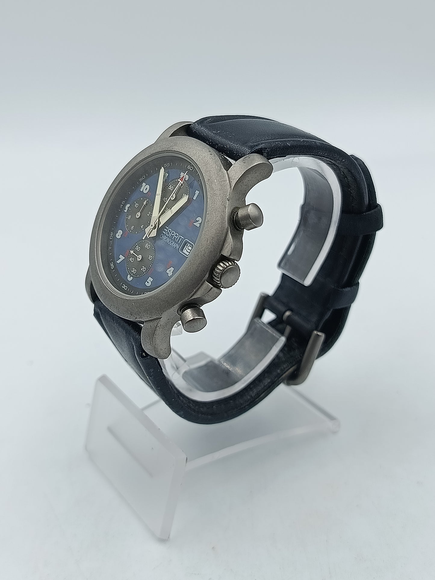 Esprit Chronograph Herren Uhr Blau Datum Edelstahl Lederarmband Sport