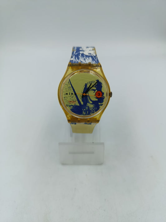 Swatch Uhr nine Vintage Swiss Made Gelb Transparent Kunst Design