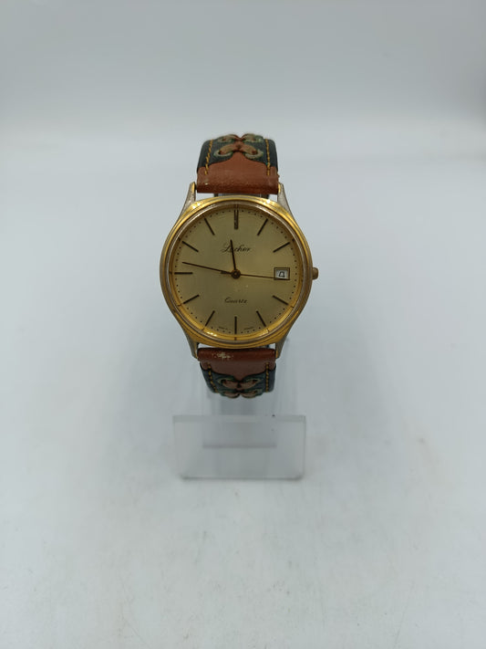 Lacher Herren Uhr Vintage Made in Germany Datum Goldfarben Leder