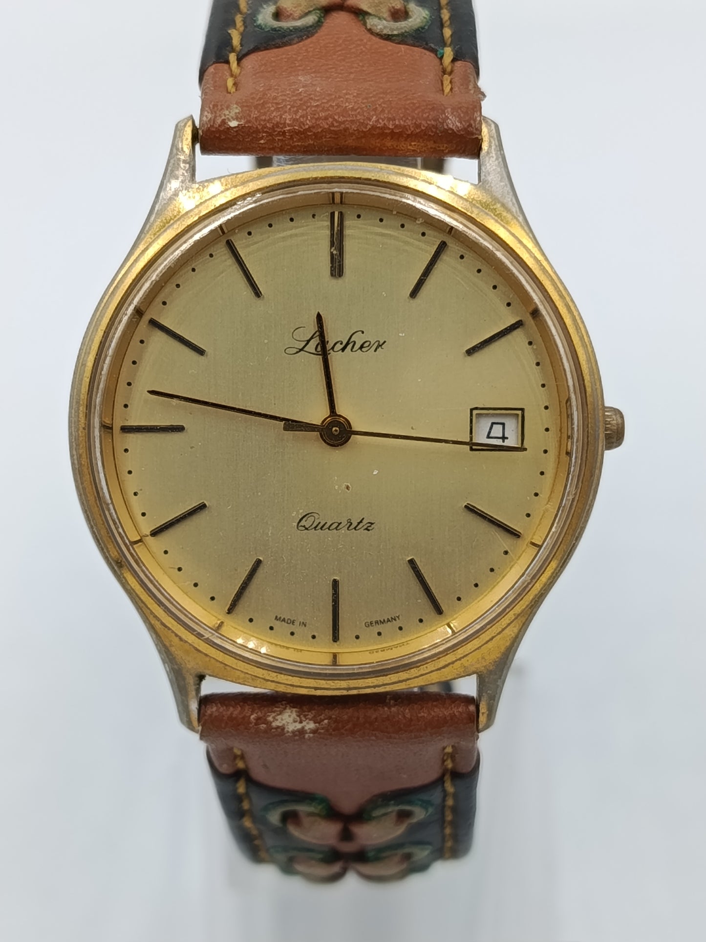 Lacher Herren Uhr Vintage Made in Germany Datum Goldfarben Leder