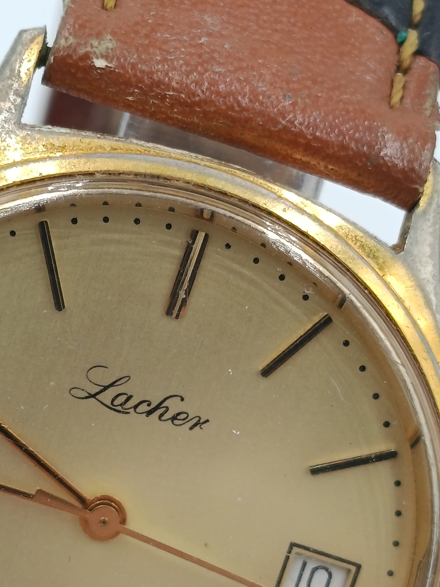 Lacher Herren Uhr Vintage Made in Germany Datum Goldfarben Leder