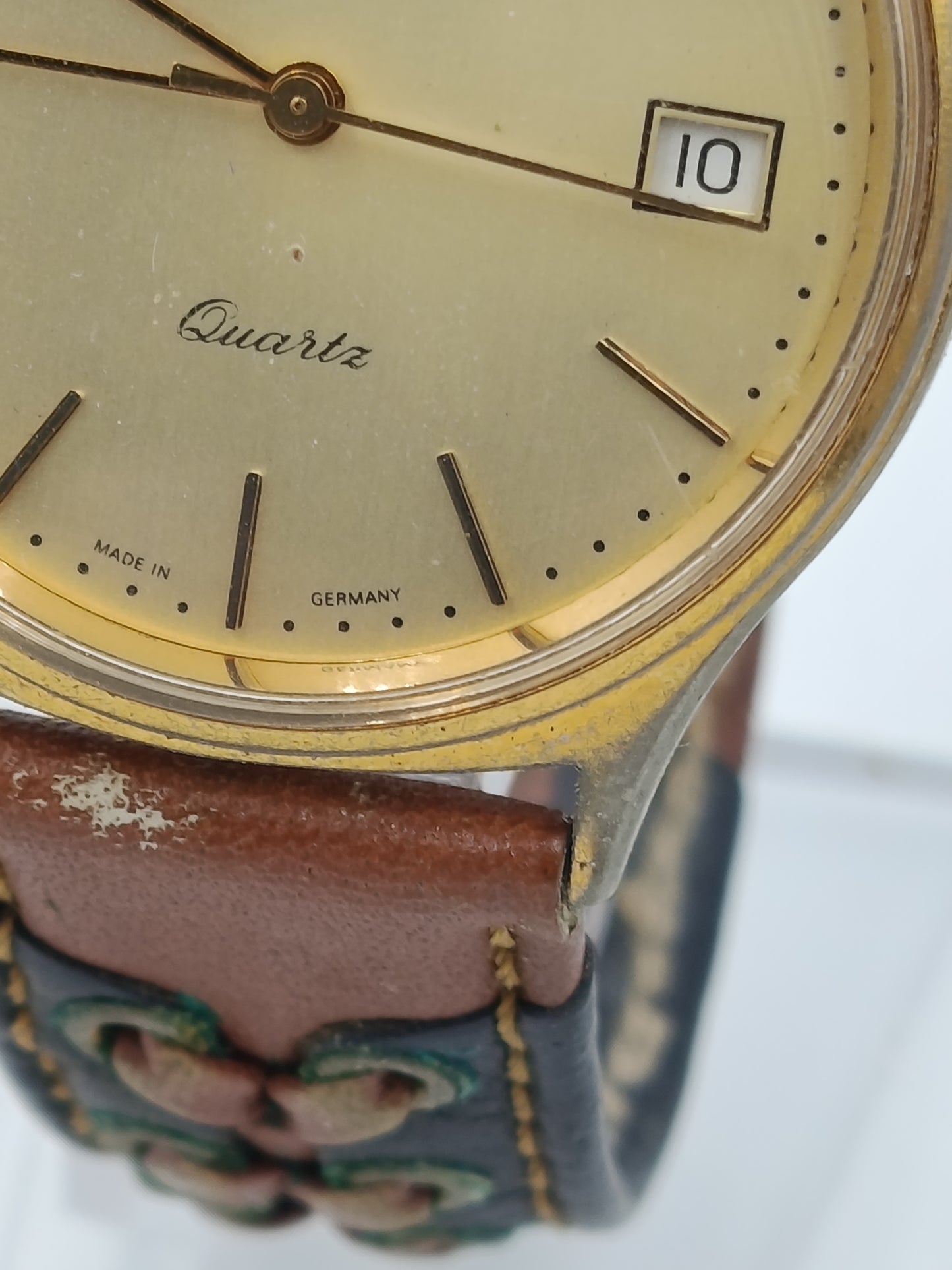 Lacher Herren Uhr Vintage Made in Germany Datum Goldfarben Leder