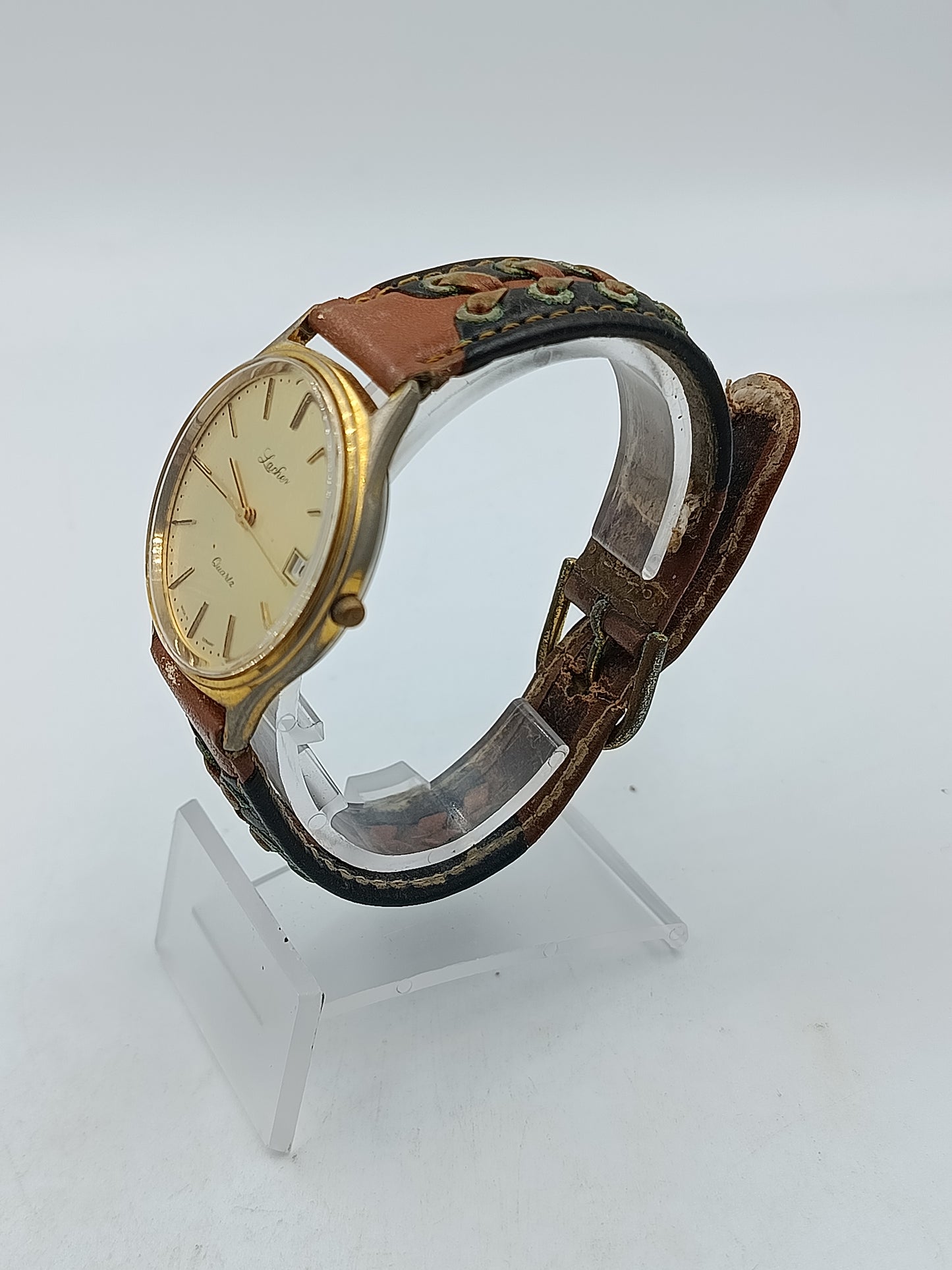 Lacher Herren Uhr Vintage Made in Germany Datum Goldfarben Leder