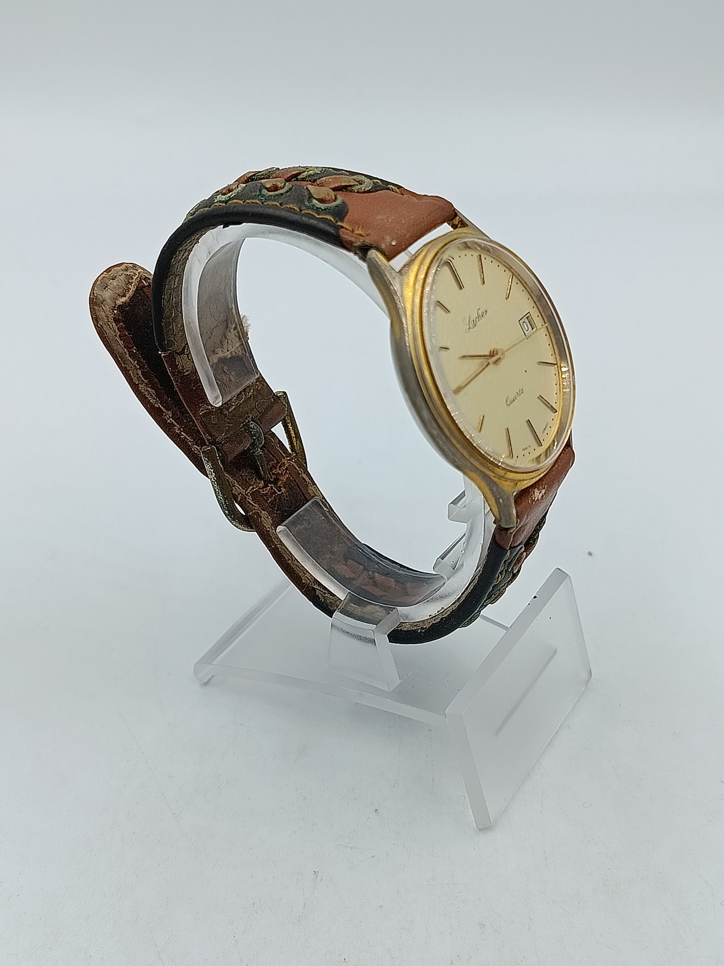 Lacher Herren Uhr Vintage Made in Germany Datum Goldfarben Leder