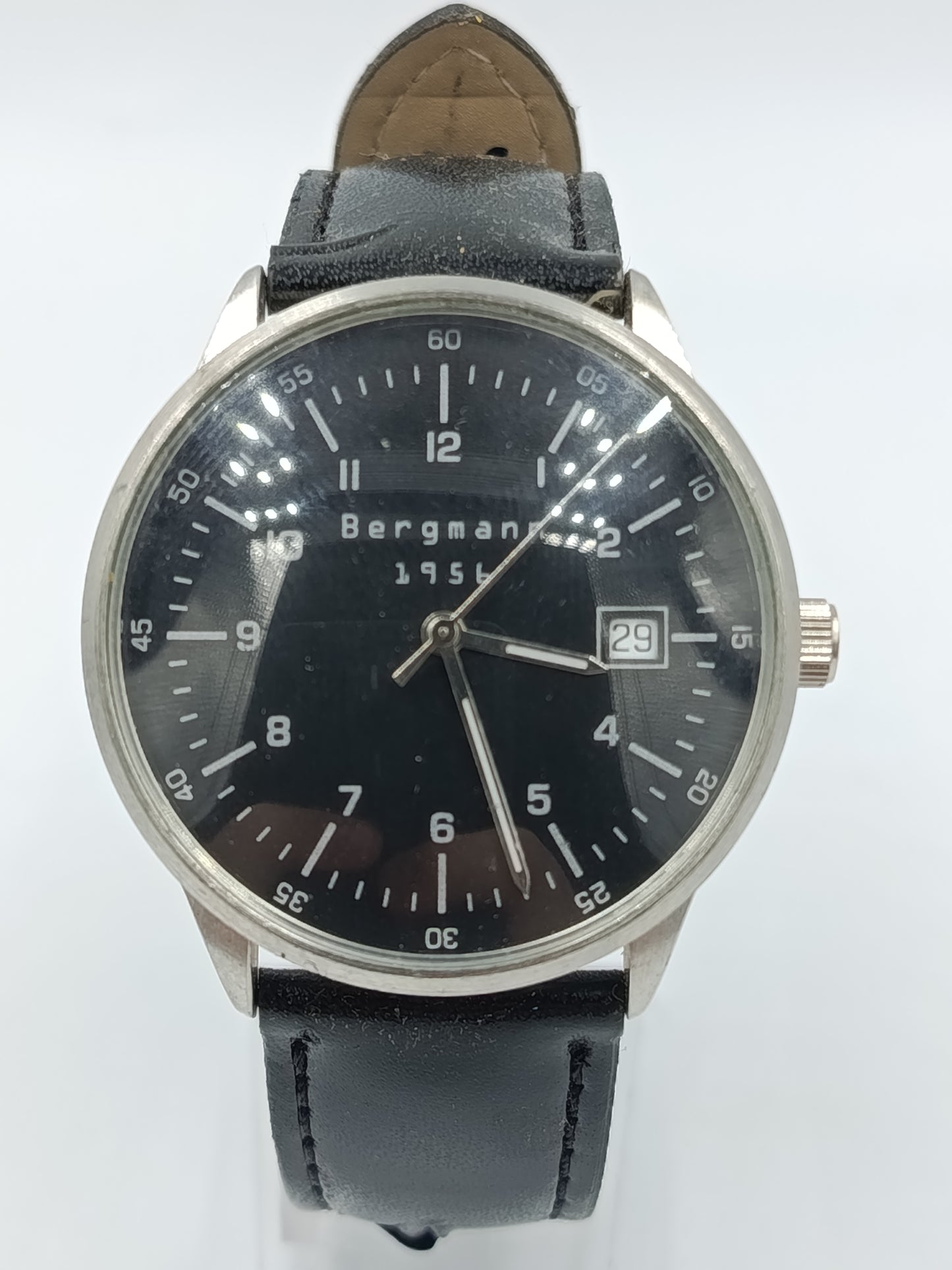 Bergmann 1956 Herren Uhr Datum Schwarz Klassisch Edelstahl Leder